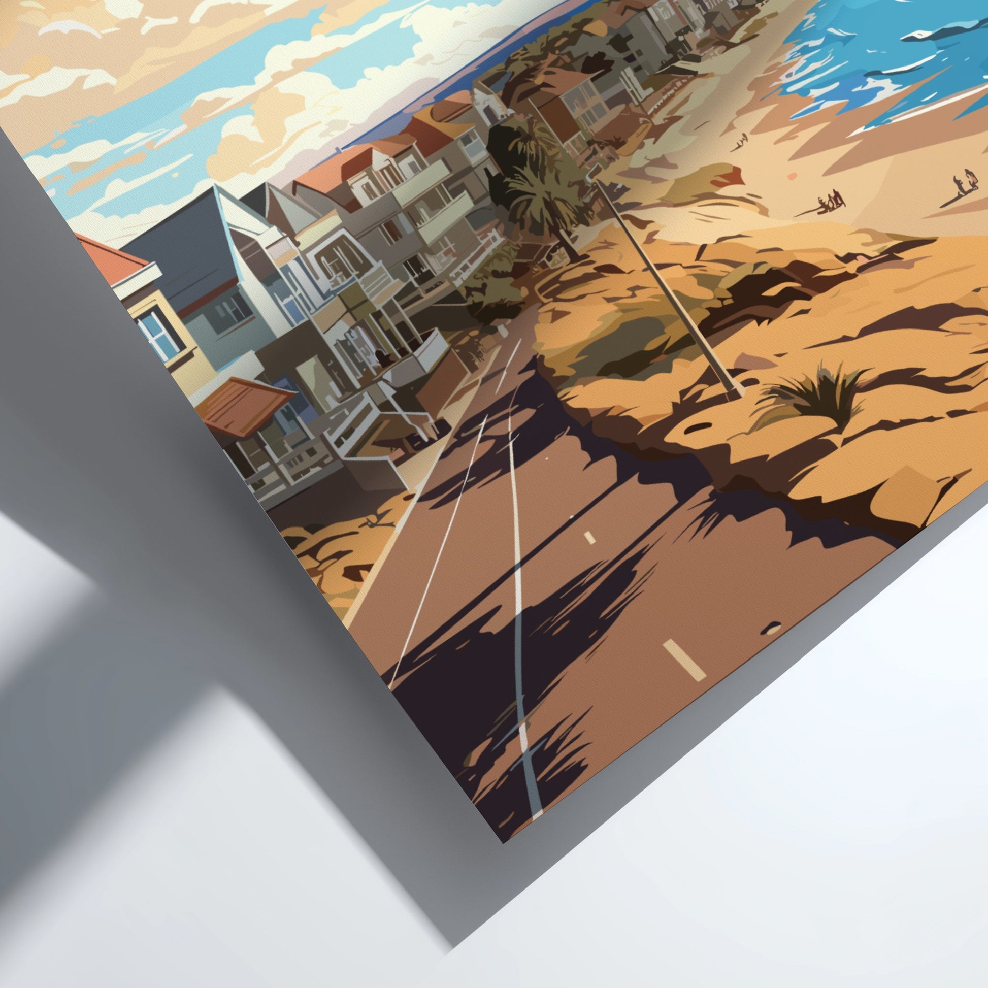 Artistic depiction of a coastal scene with houses and palm trees on a sandy beach.