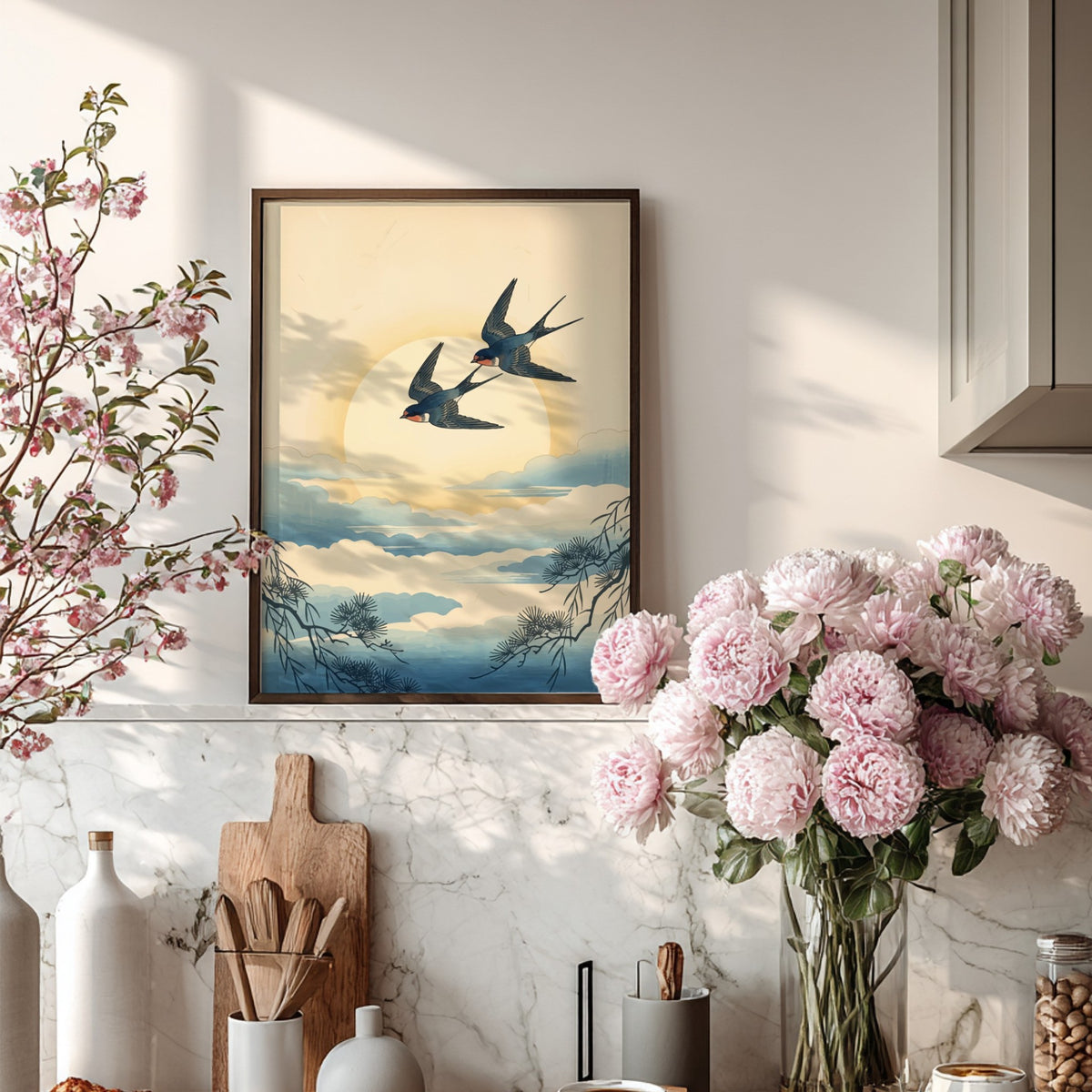 Japanese woodblock style wall art featuring two swallows flying past pine branches at sunset