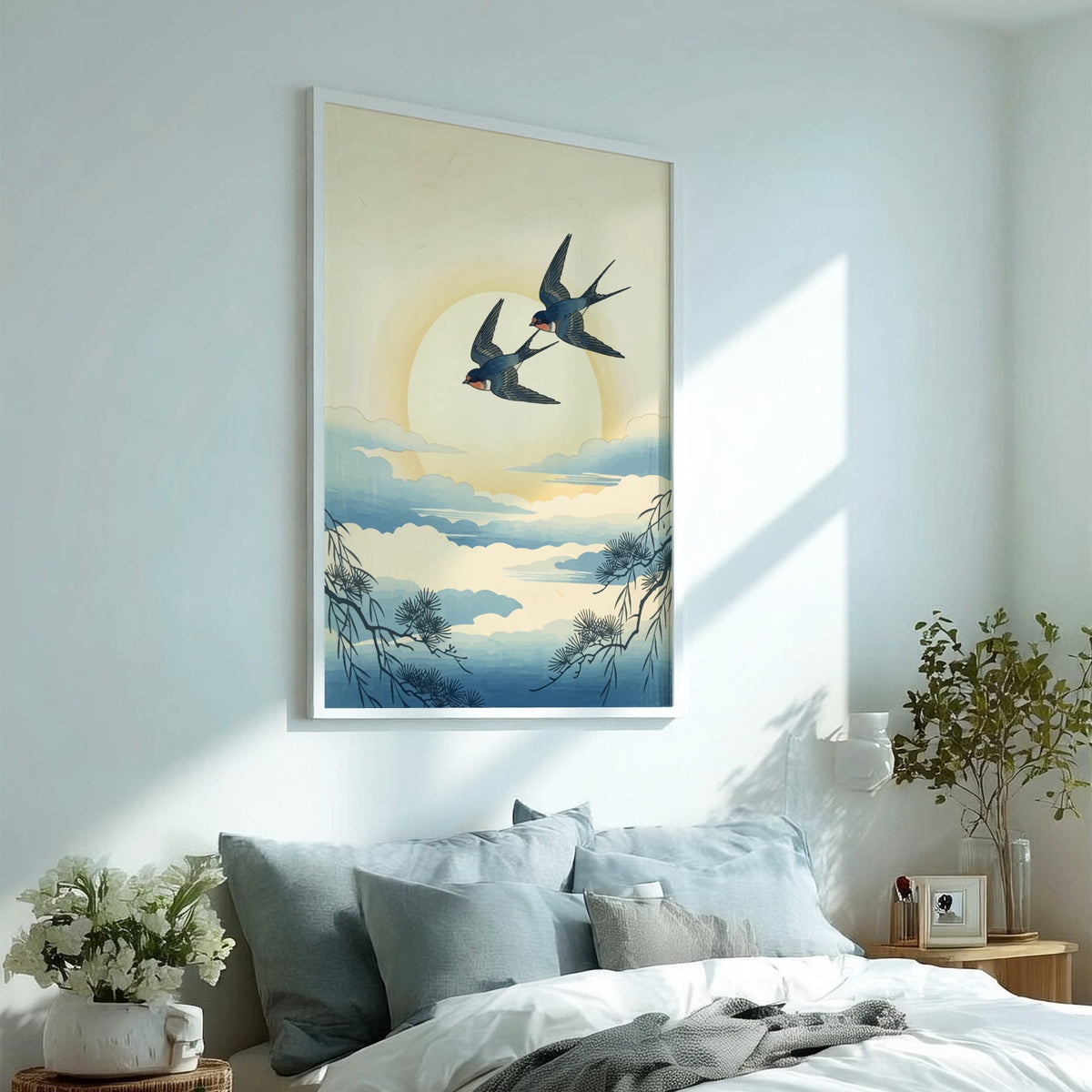 Japanese woodblock style wall art featuring two swallows flying past pine branches at sunset