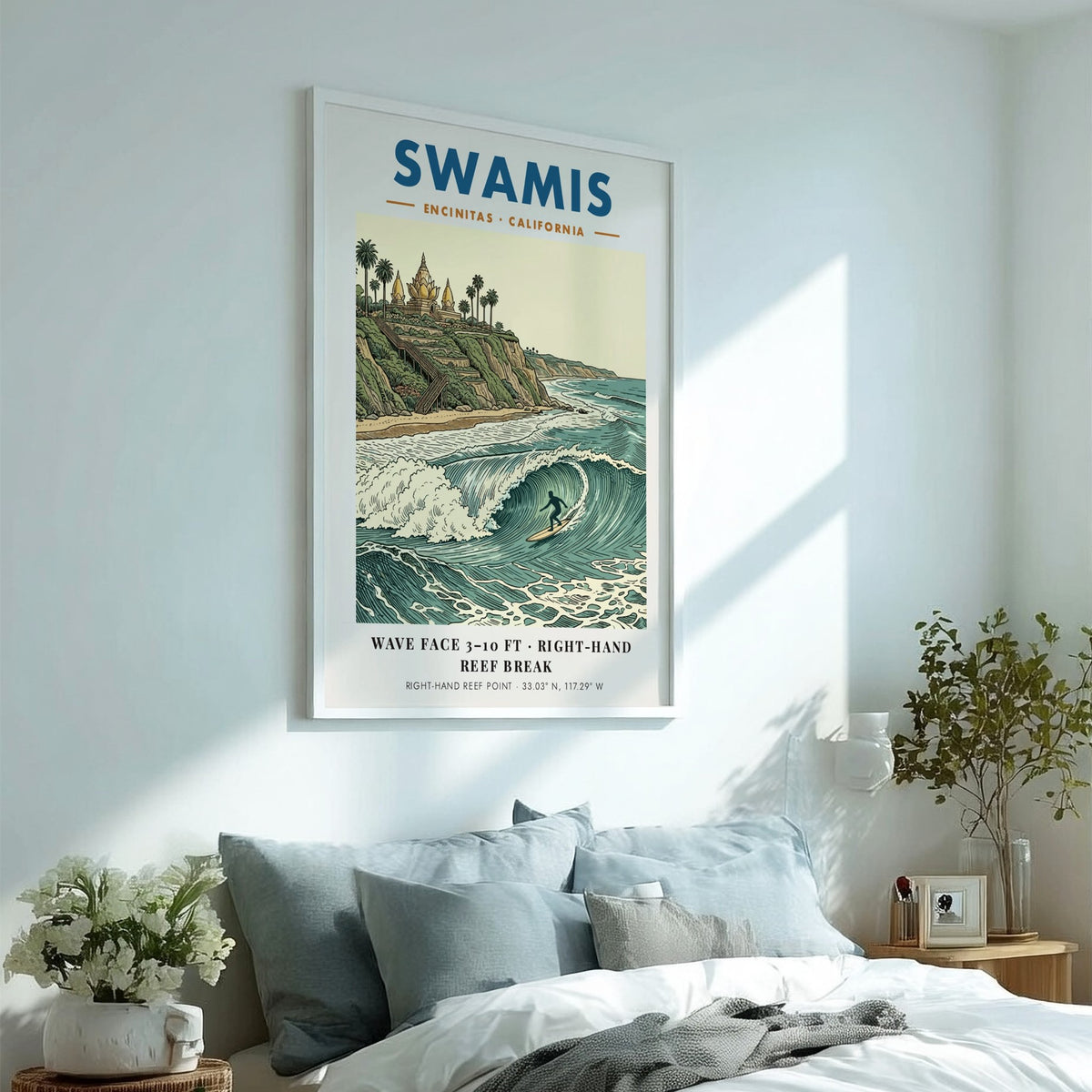 Poster of Swamis in Encinitas featuring a surfer on a wave and temple.