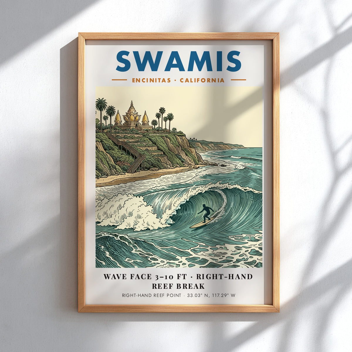 Poster of Swamis in Encinitas featuring a surfer on a wave and temple.