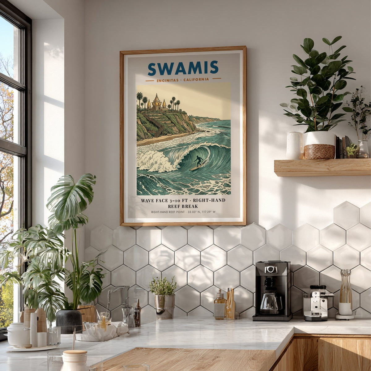 Poster of Swamis in Encinitas featuring a surfer on a wave and temple.