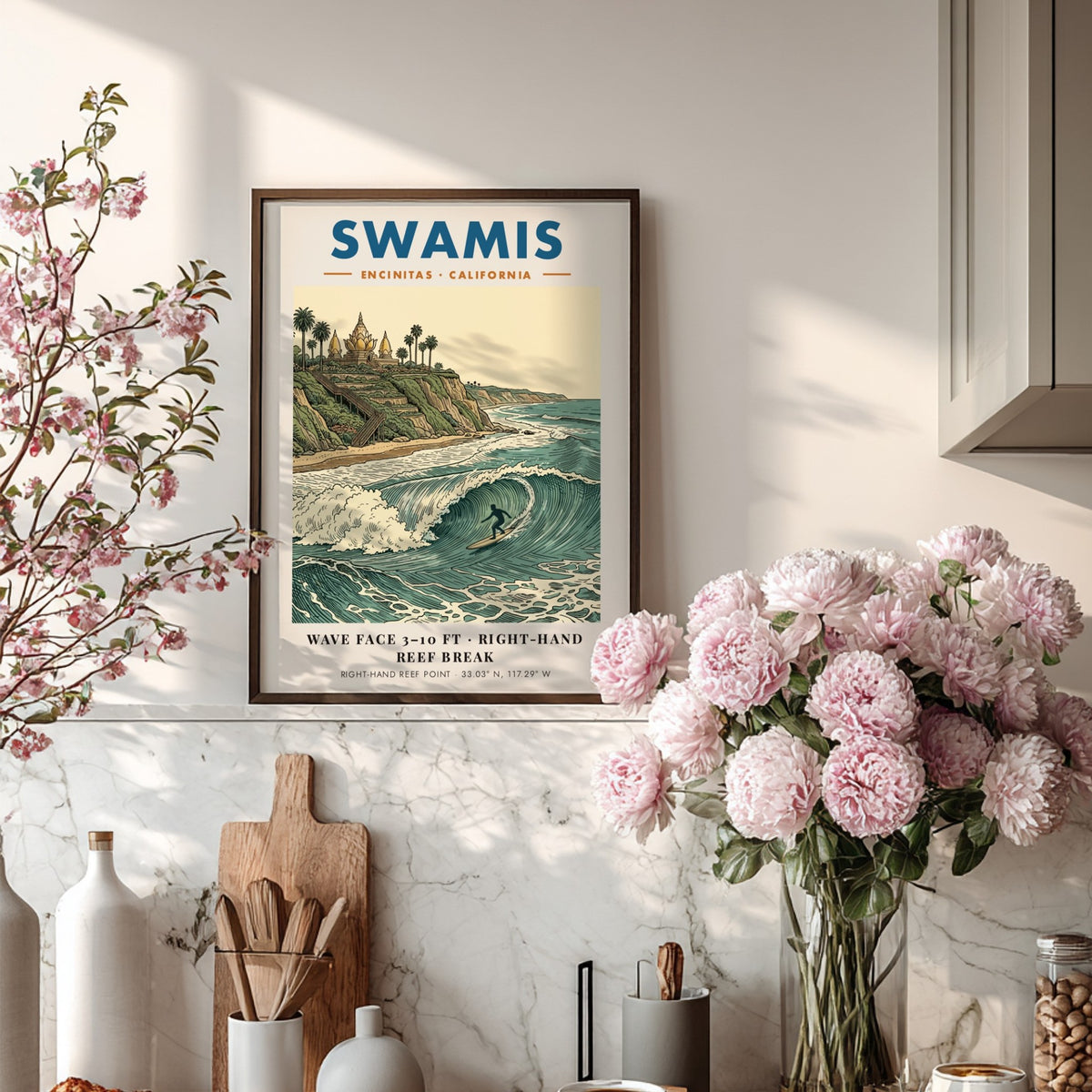 Poster of Swamis in Encinitas featuring a surfer on a wave and temple.