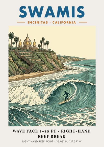 Poster of Swamis in Encinitas featuring a surfer on a wave and temple.