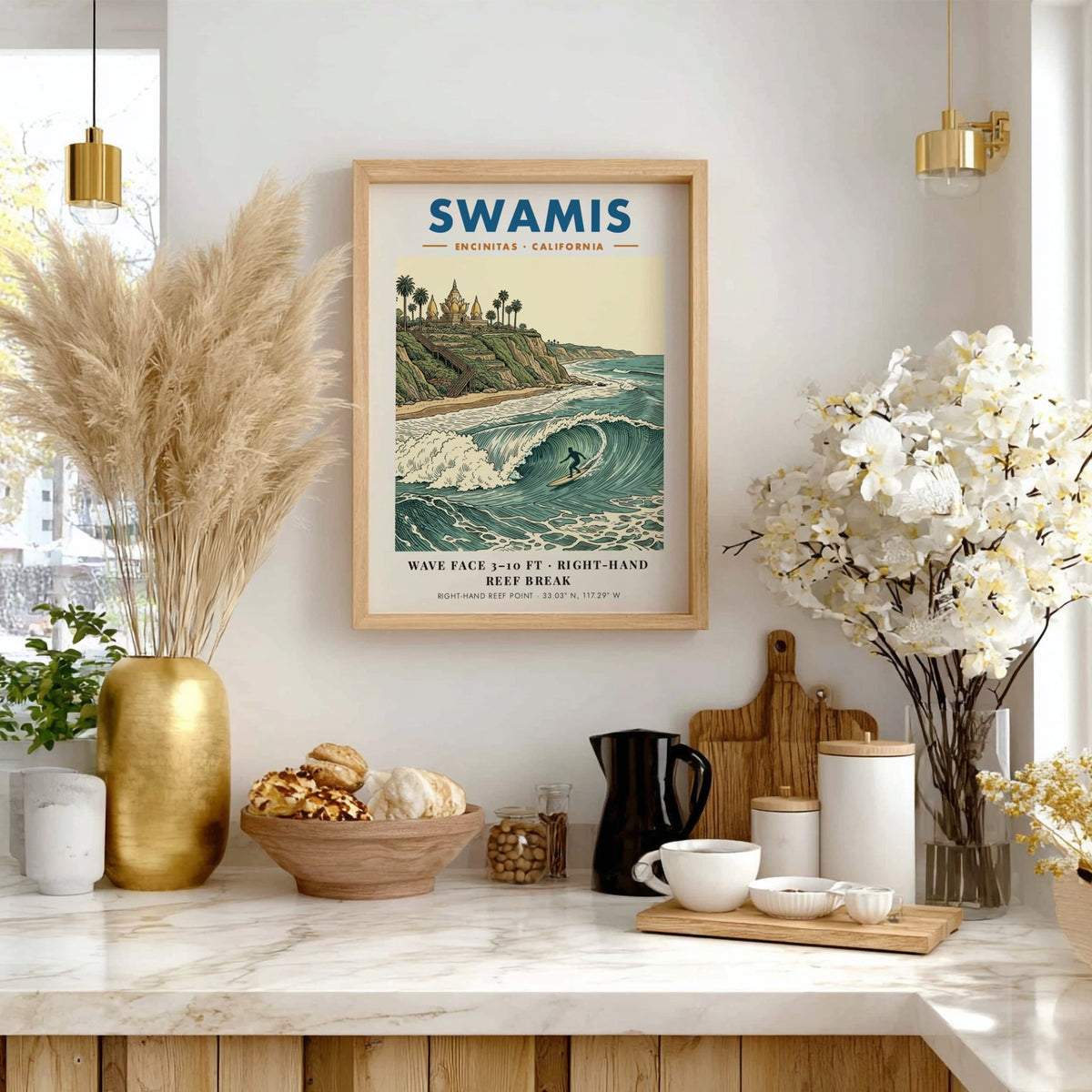 Poster of Swamis in Encinitas featuring a surfer on a wave and temple.
