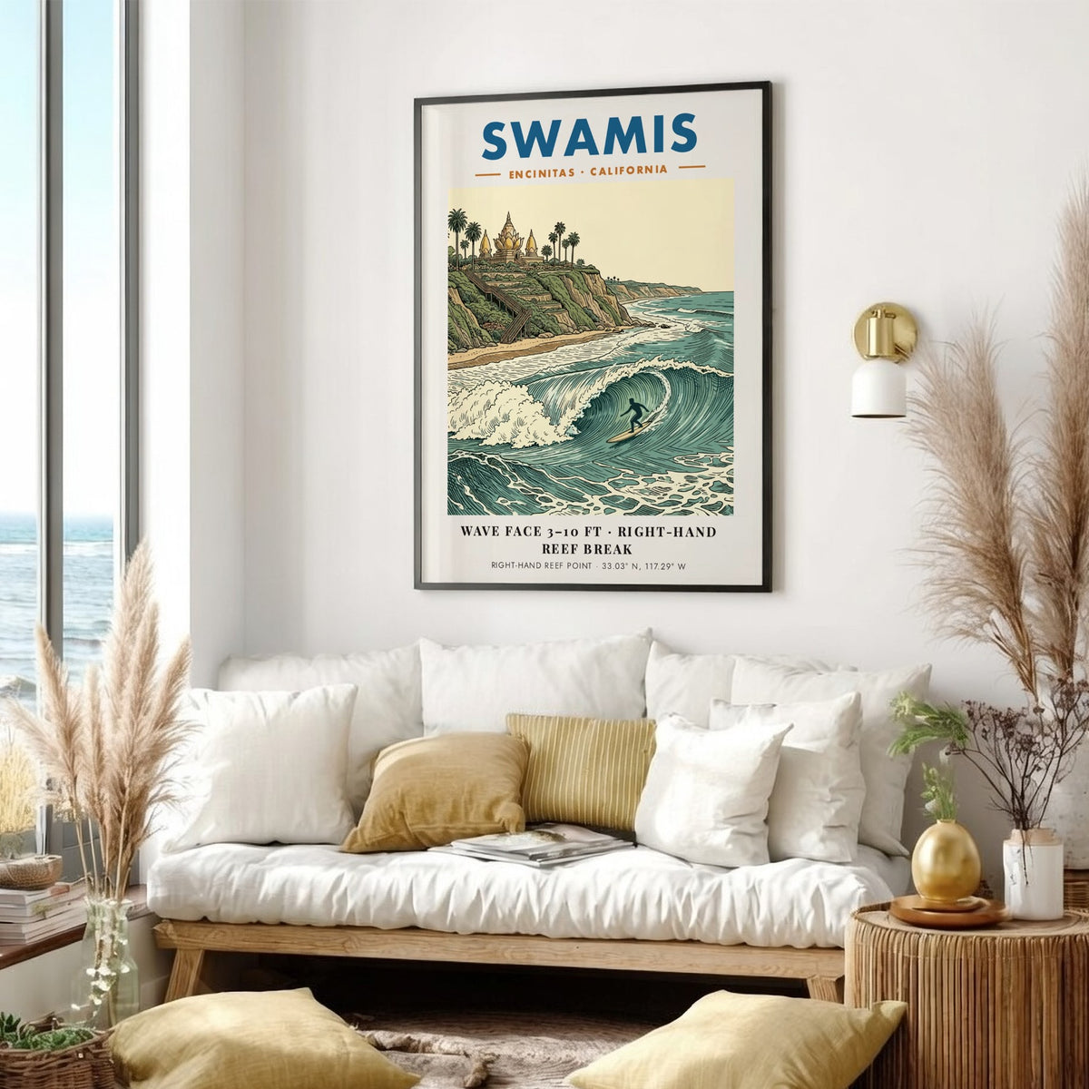 Poster of Swamis in Encinitas featuring a surfer on a wave and temple.