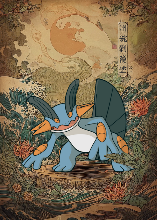 Swampert Pokemon on a decorative background with floral elements
