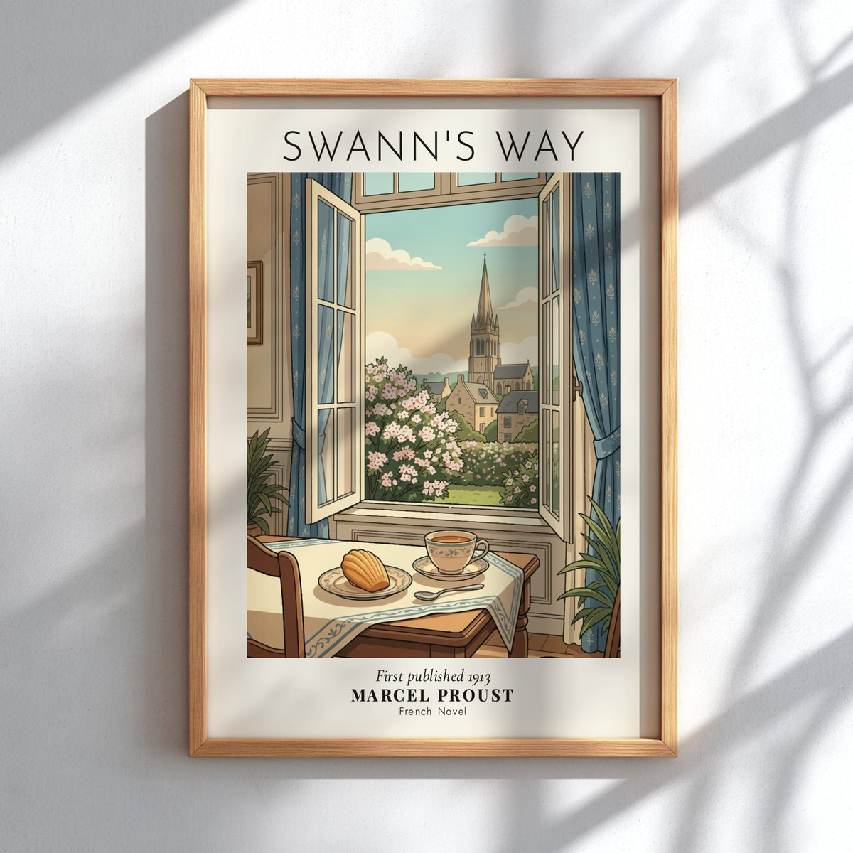 Poster featuring a window view of a French village with tea and madeleine
