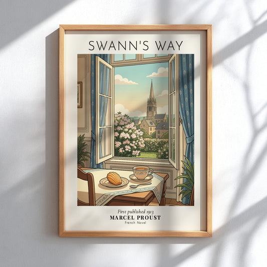 Poster featuring a window view of a French village with tea and madeleine