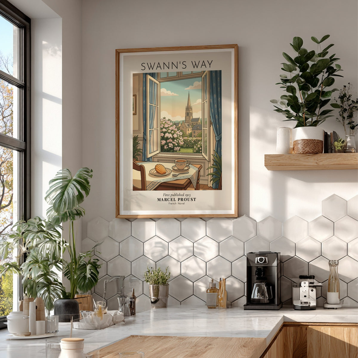 Poster featuring a window view of a French village with tea and madeleine