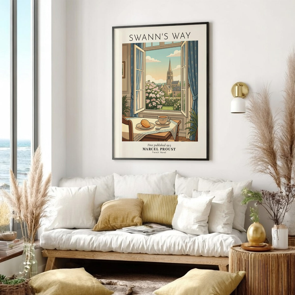 Poster featuring a window view of a French village with tea and madeleine