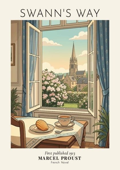 Poster featuring a window view of a French village with tea and madeleine