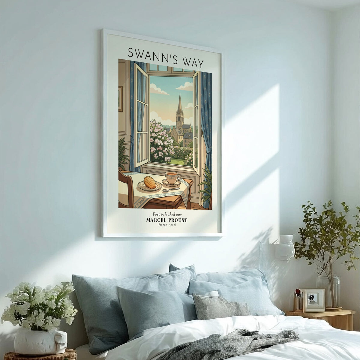 Poster featuring a window view of a French village with tea and madeleine