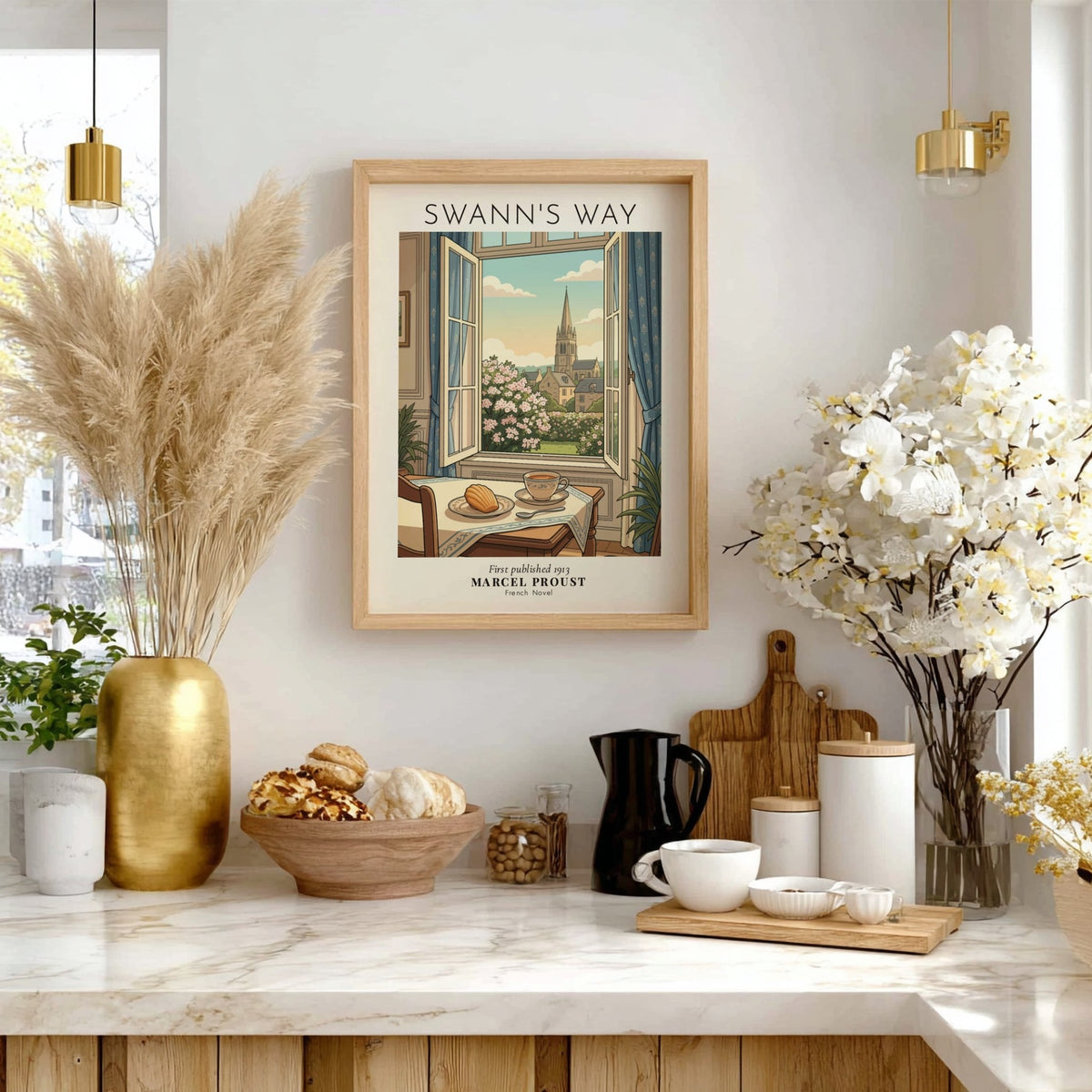 Poster featuring a window view of a French village with tea and madeleine
