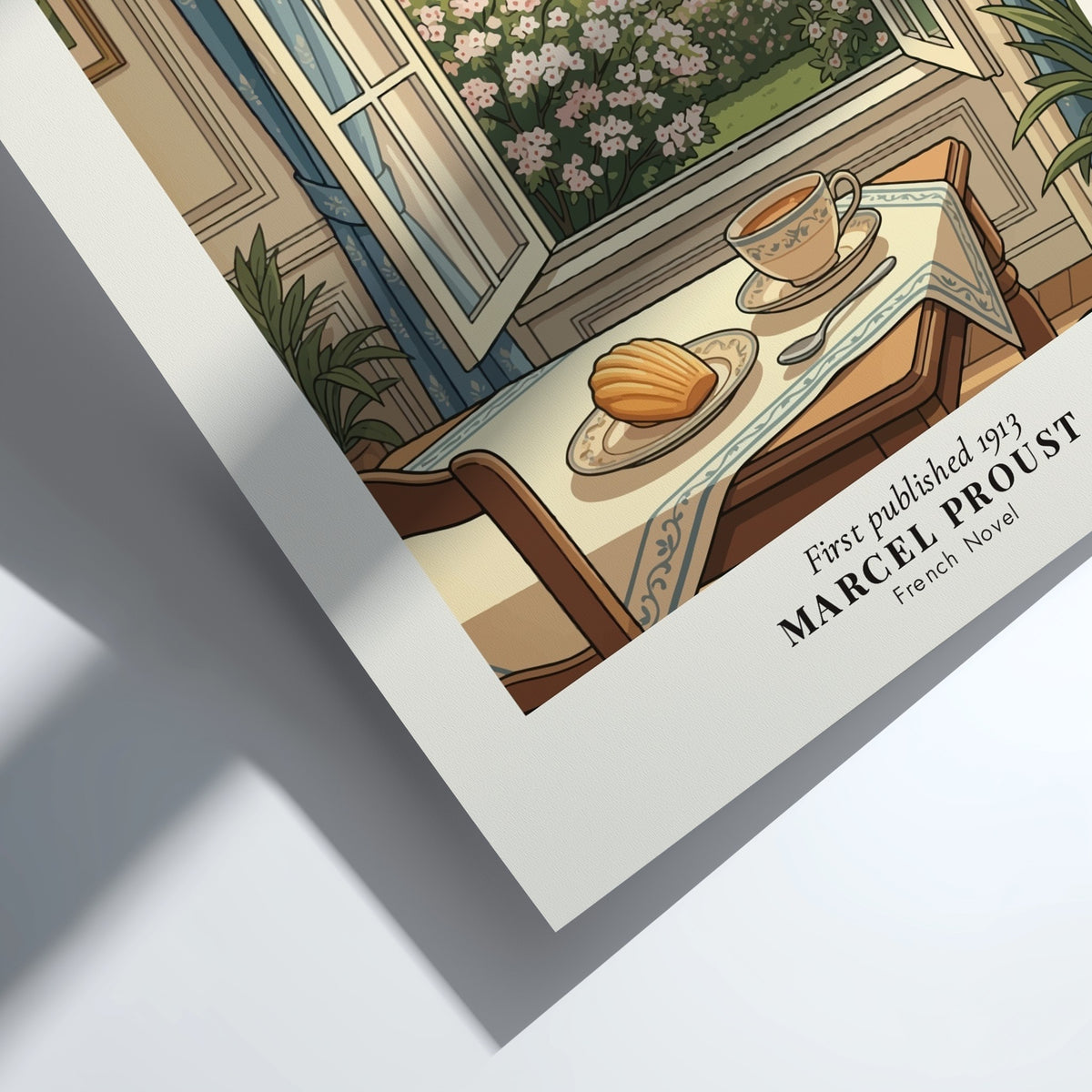 Poster featuring a window view of a French village with tea and madeleine