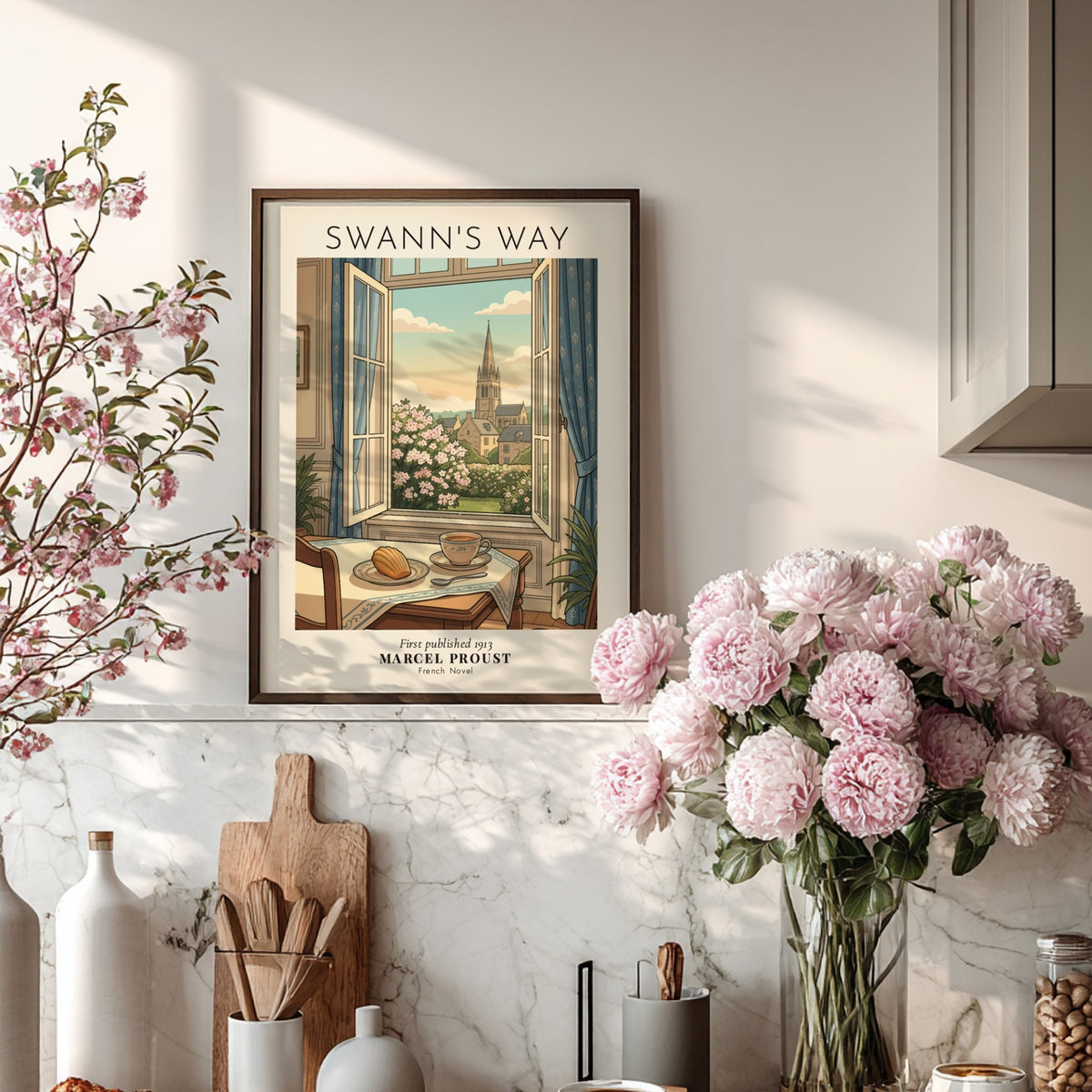 Poster featuring a window view of a French village with tea and madeleine