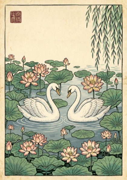 Japanese art style poster featuring swans in a lotus pond with soft colors and intricate details
