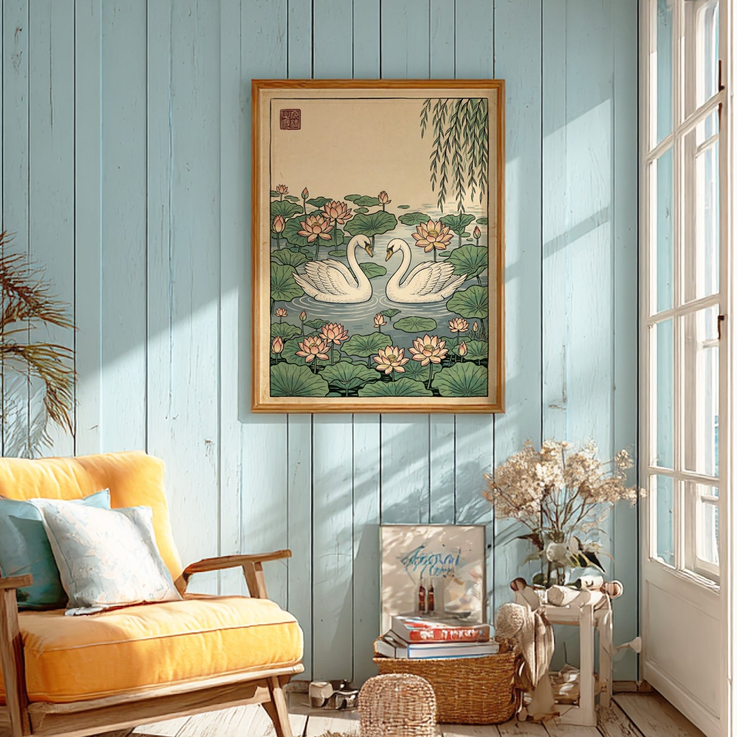 Japanese art style poster featuring swans in a lotus pond with soft colors and intricate details