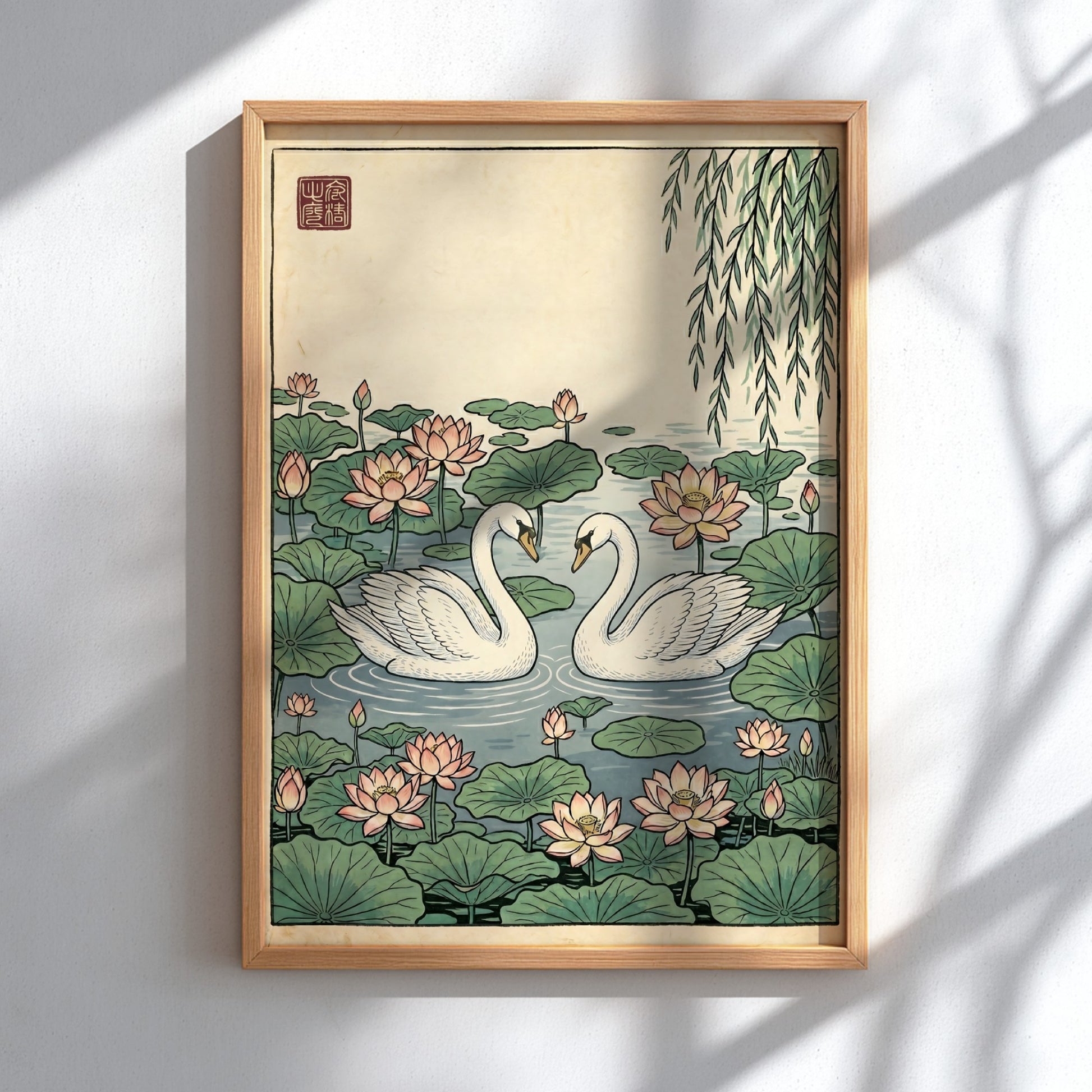 Japanese art style poster featuring swans in a lotus pond with soft colors and intricate details