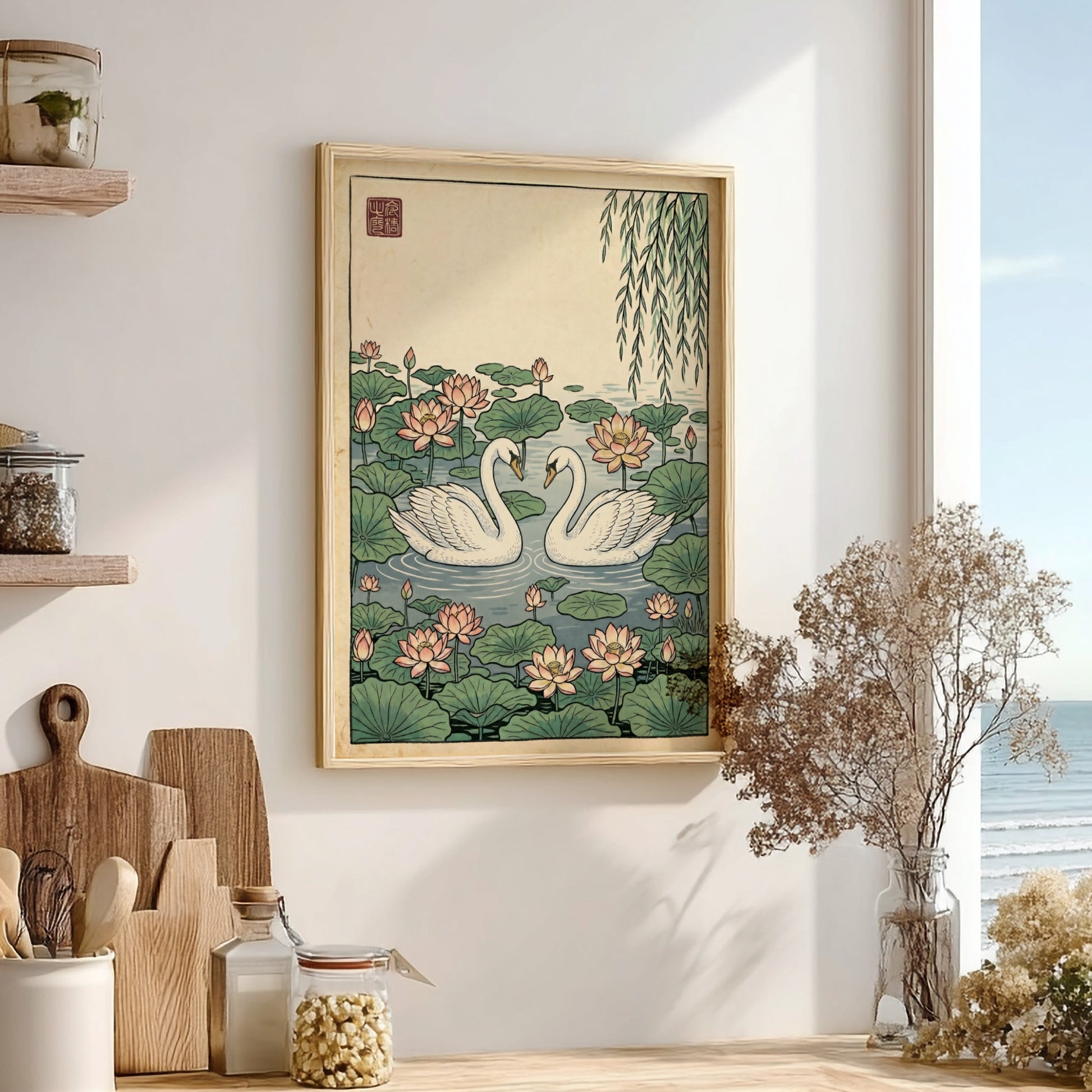 Japanese art style poster featuring swans in a lotus pond with soft colors and intricate details