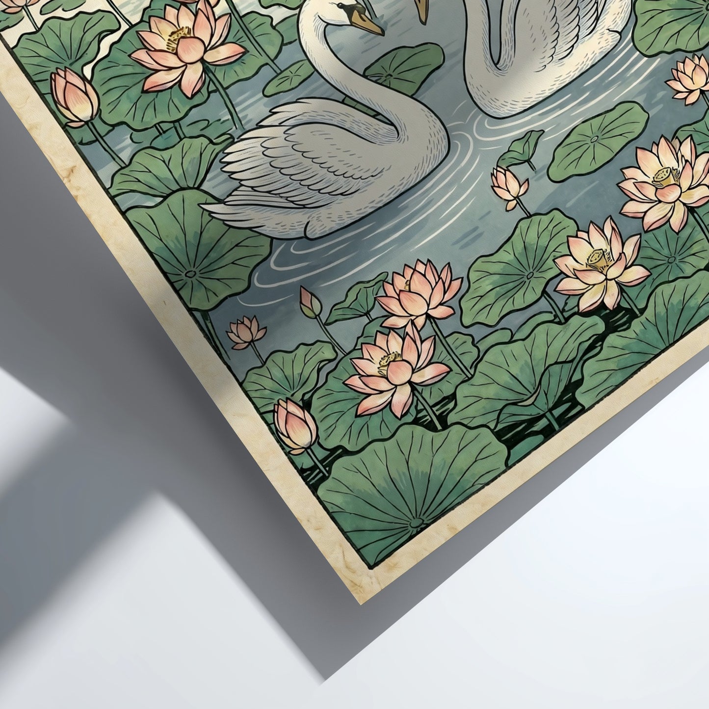 Japanese art style poster featuring swans in a lotus pond with soft colors and intricate details