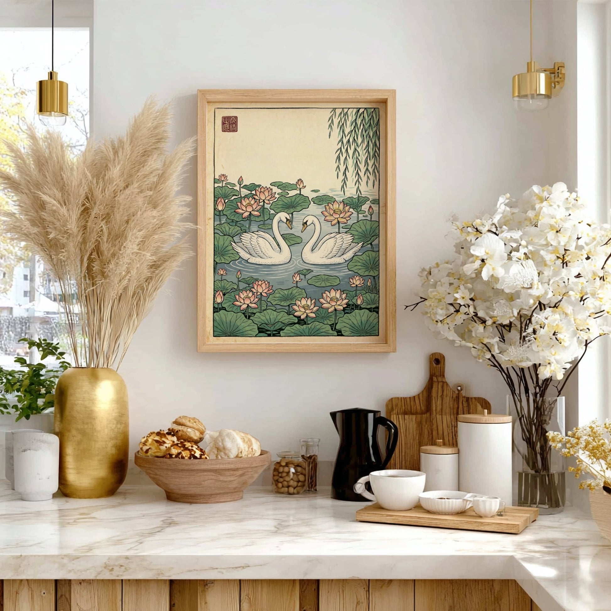 Japanese art style poster featuring swans in a lotus pond with soft colors and intricate details