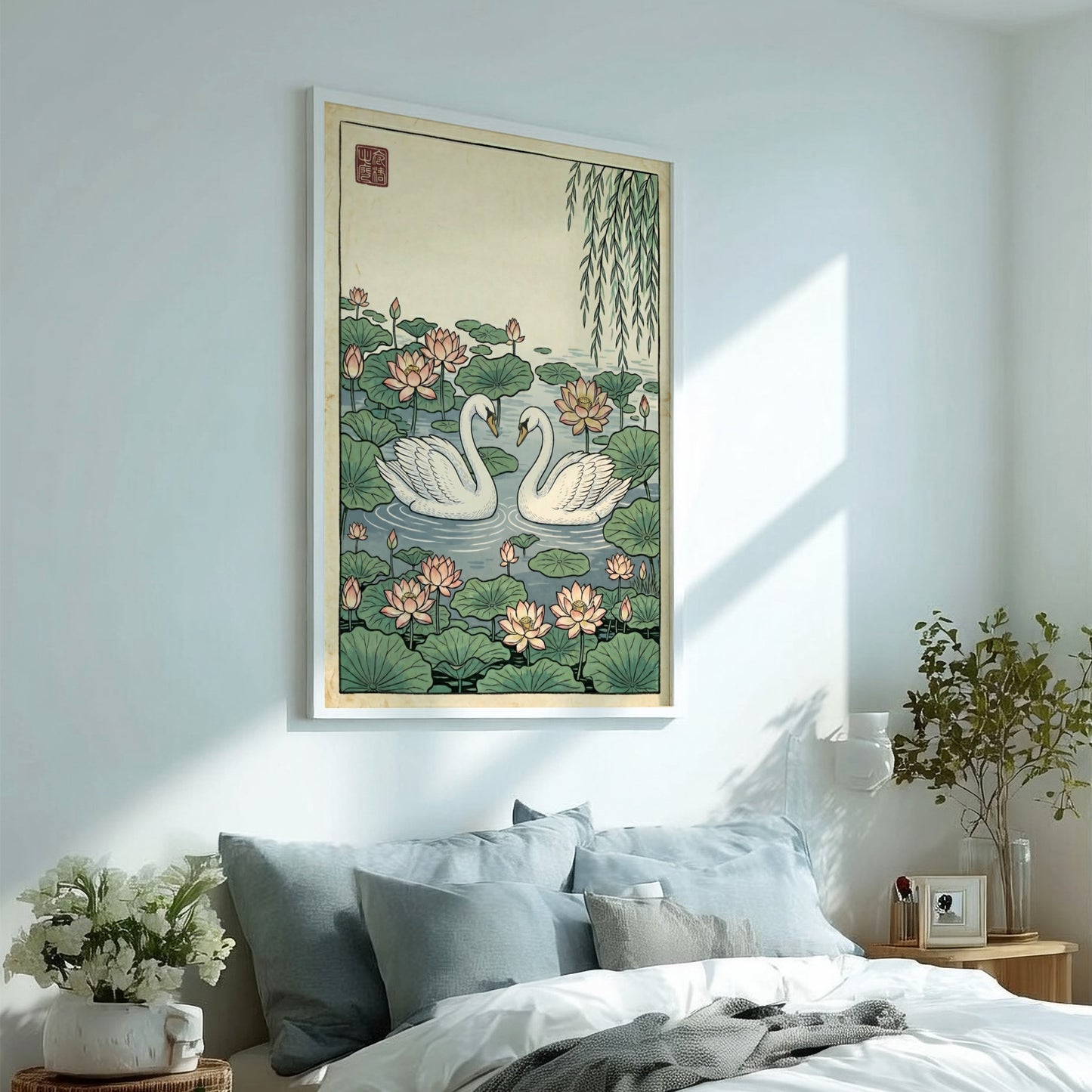 Japanese art style poster featuring swans in a lotus pond with soft colors and intricate details
