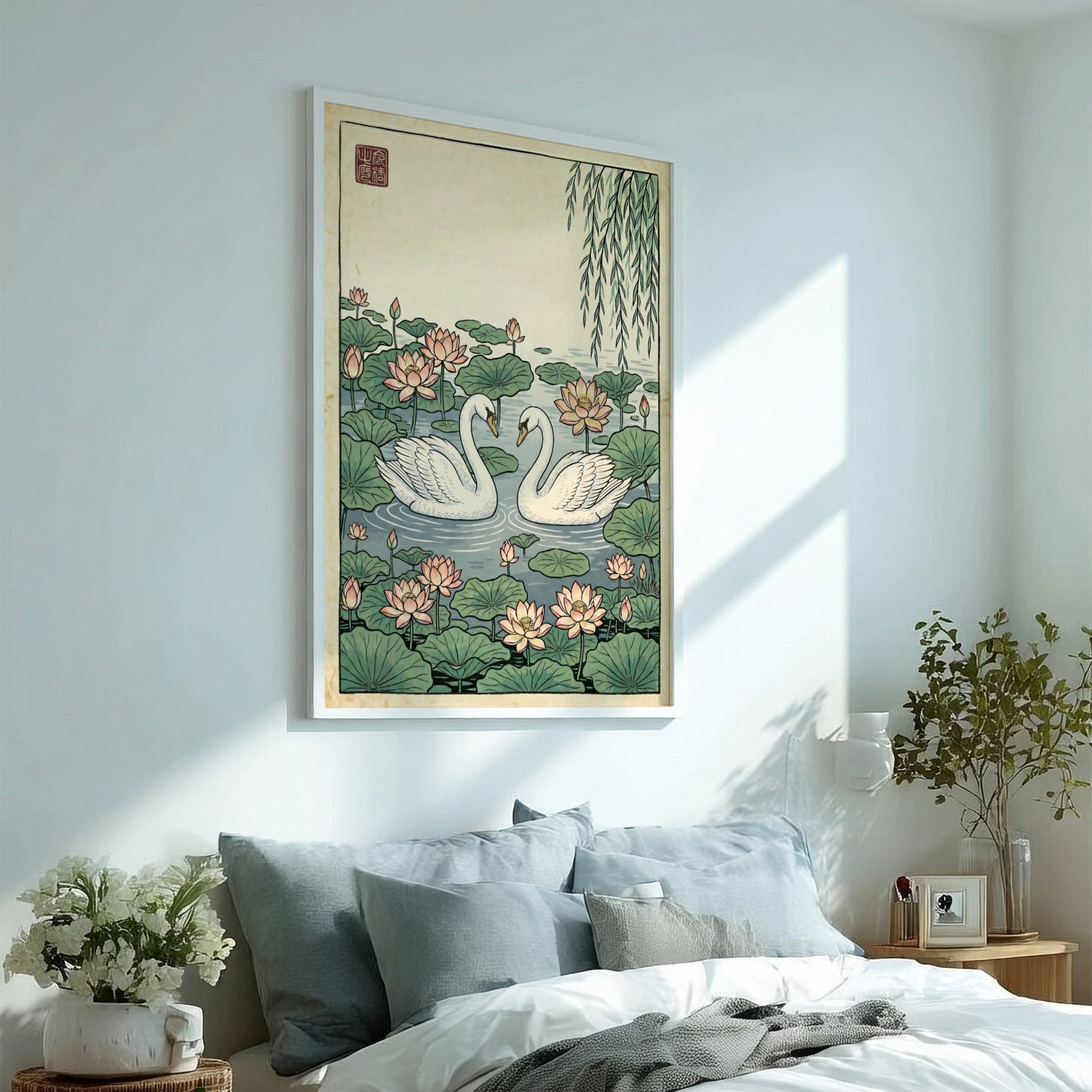 Japanese art style poster featuring swans in a lotus pond with soft colors and intricate details