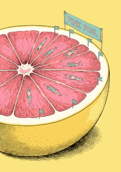Poster featuring swimmers in a pink grapefruit half labeled Pink Pool in yellow