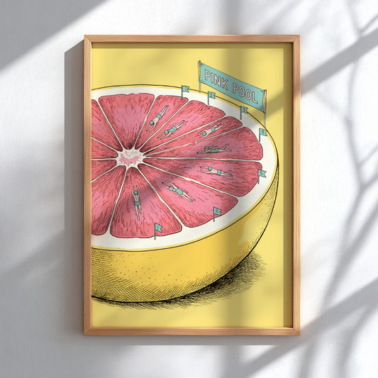 Poster featuring swimmers in a pink grapefruit half labeled Pink Pool in yellow