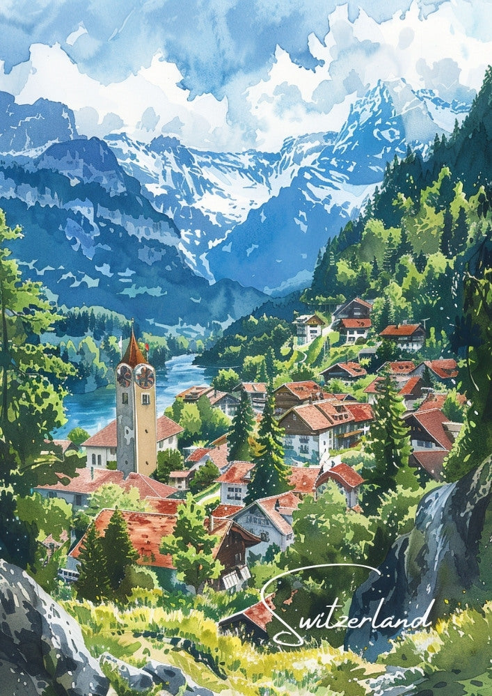 Switzerland Travel Poster, Mountain Charm Print