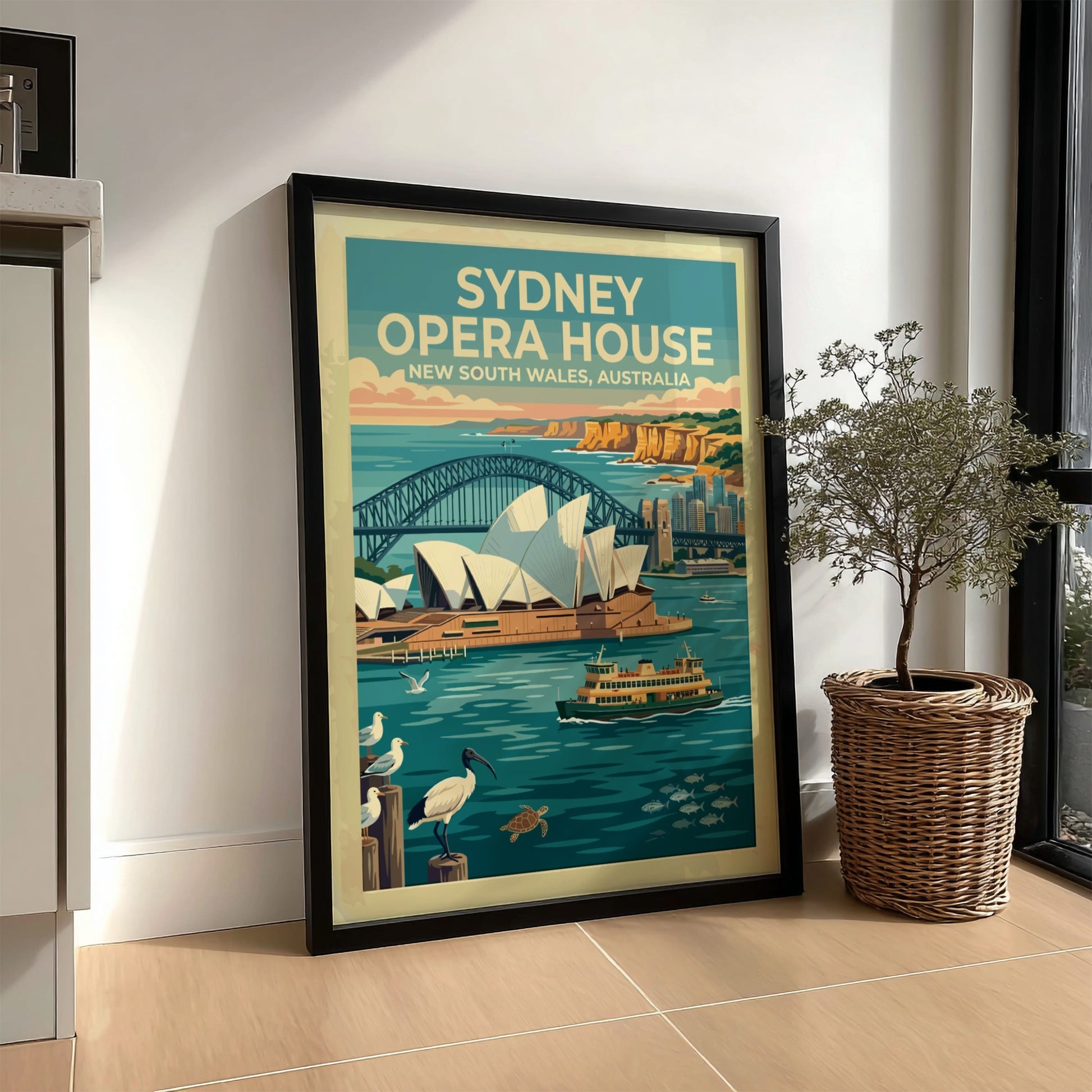 Sydney Opera House travel poster featuring the harbour bridge and wildlife in blue tones.