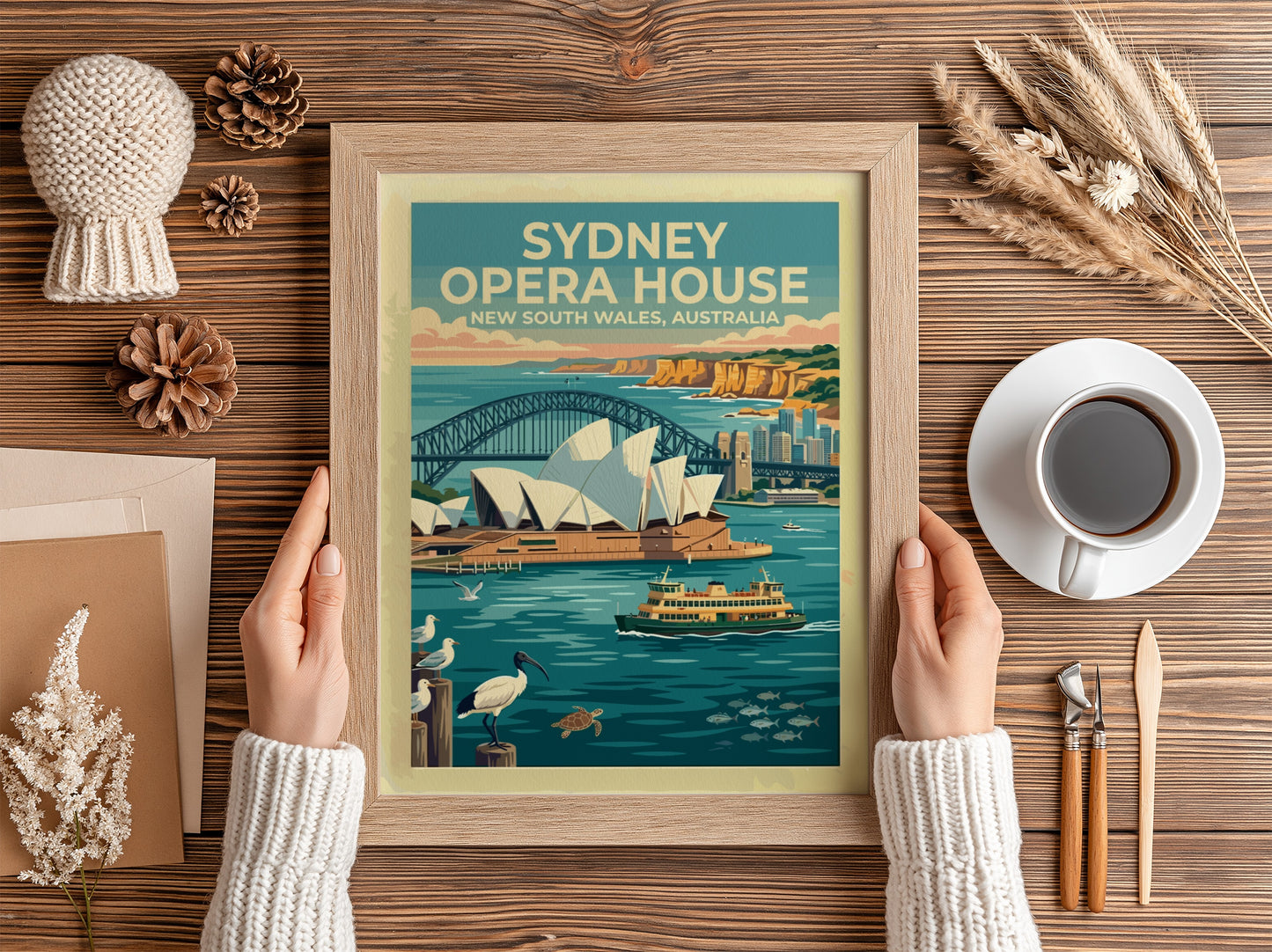 Sydney Opera House travel poster featuring the harbour bridge and wildlife in blue tones.