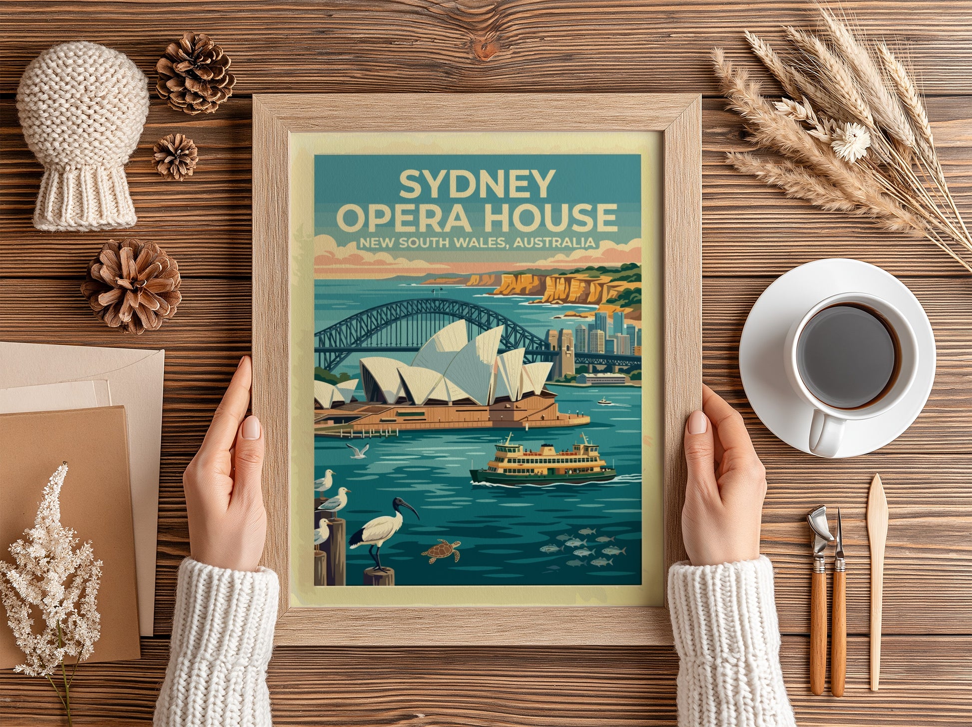 Sydney Opera House travel poster featuring the harbour bridge and wildlife in blue tones.