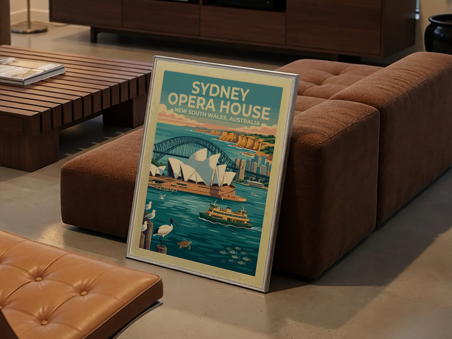 Sydney Opera House travel poster featuring the harbour bridge and wildlife in blue tones.