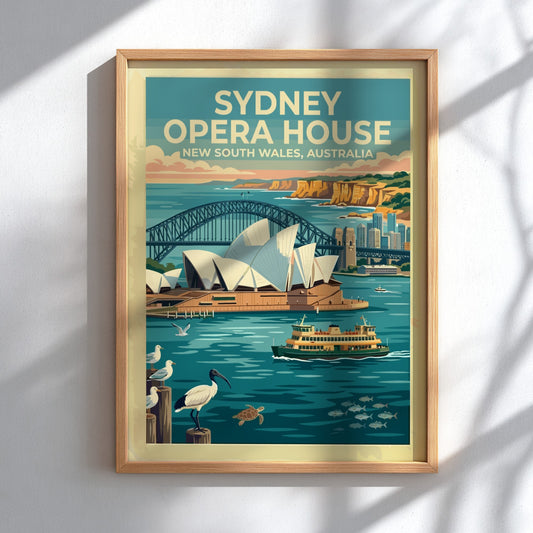 Sydney Opera House travel poster featuring the harbour bridge and wildlife in blue tones.