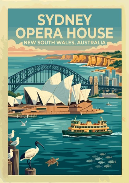 Sydney Opera House travel poster featuring the harbour bridge and wildlife in blue tones.