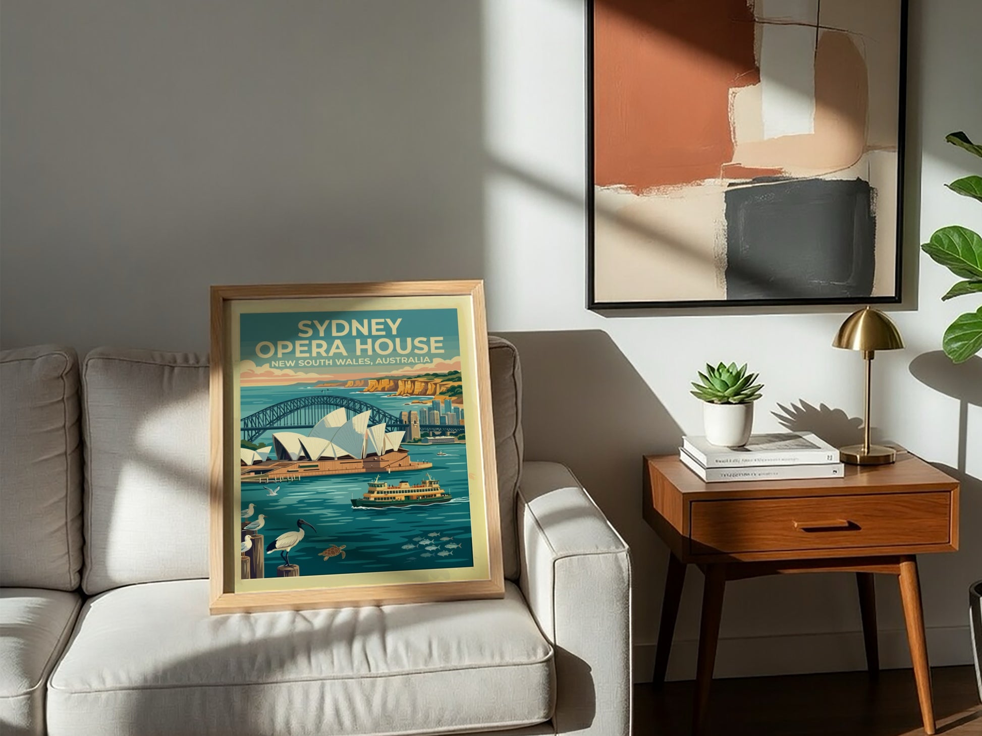 Sydney Opera House travel poster featuring the harbour bridge and wildlife in blue tones.