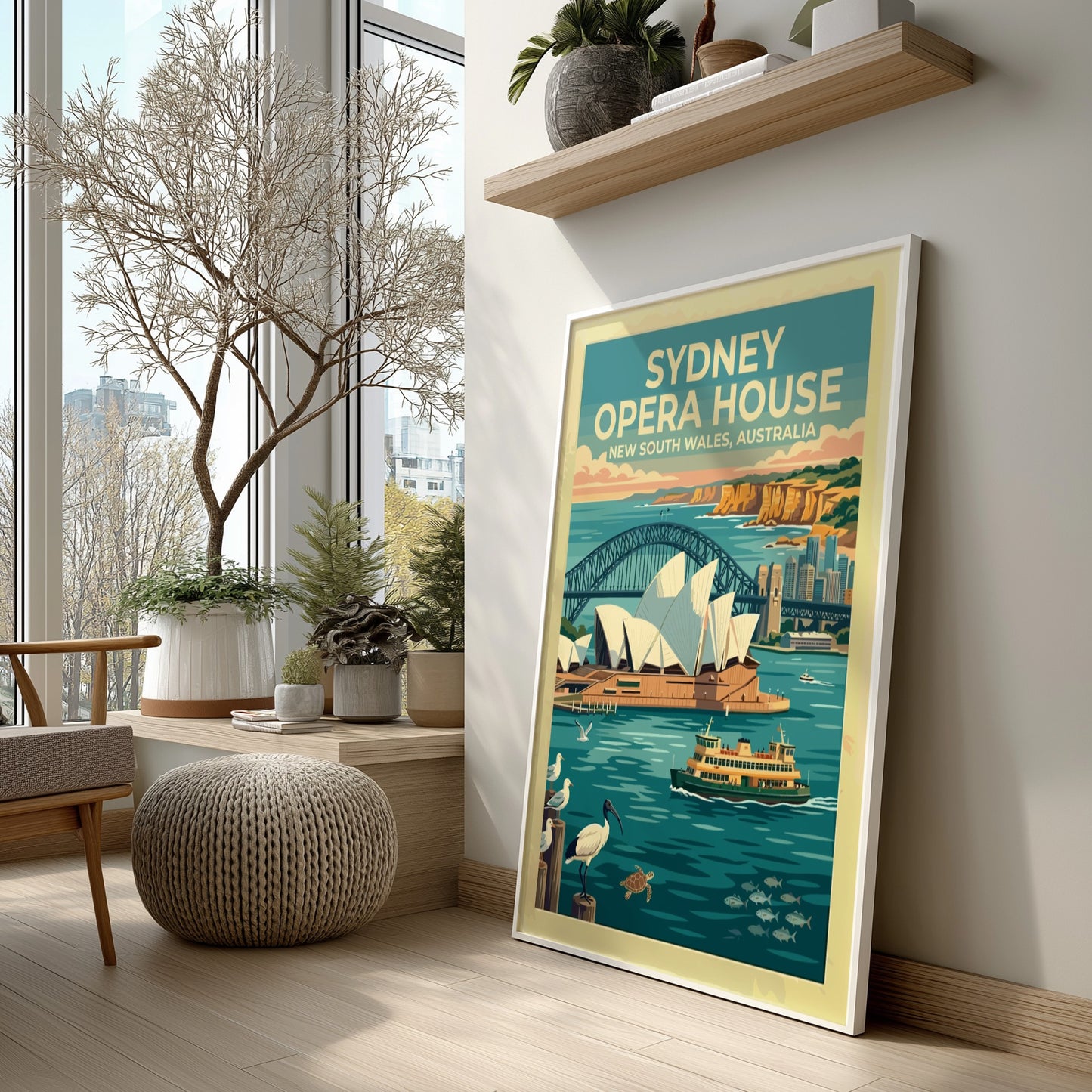 Sydney Opera House travel poster featuring the harbour bridge and wildlife in blue tones.