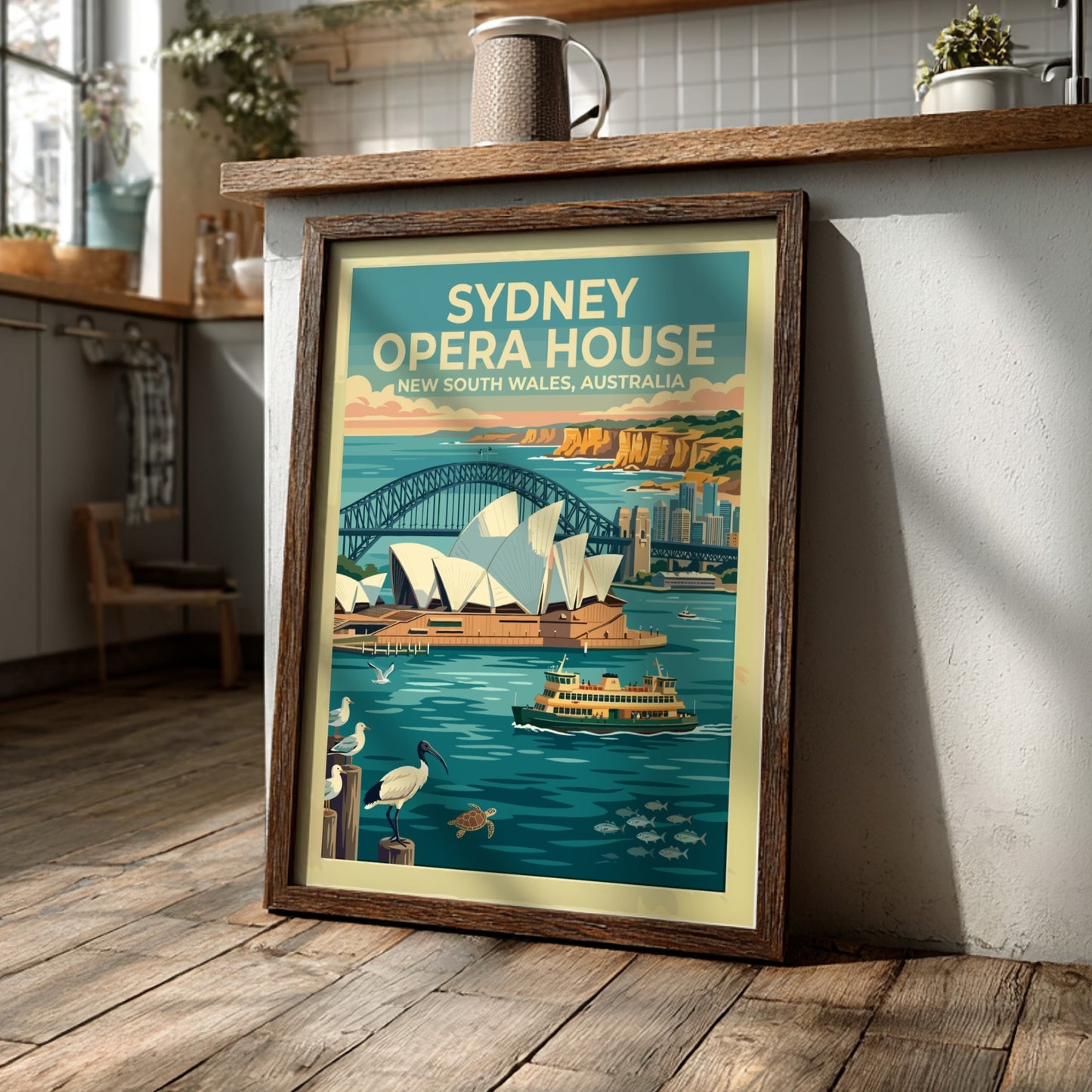 Sydney Opera House travel poster featuring the harbour bridge and wildlife in blue tones.