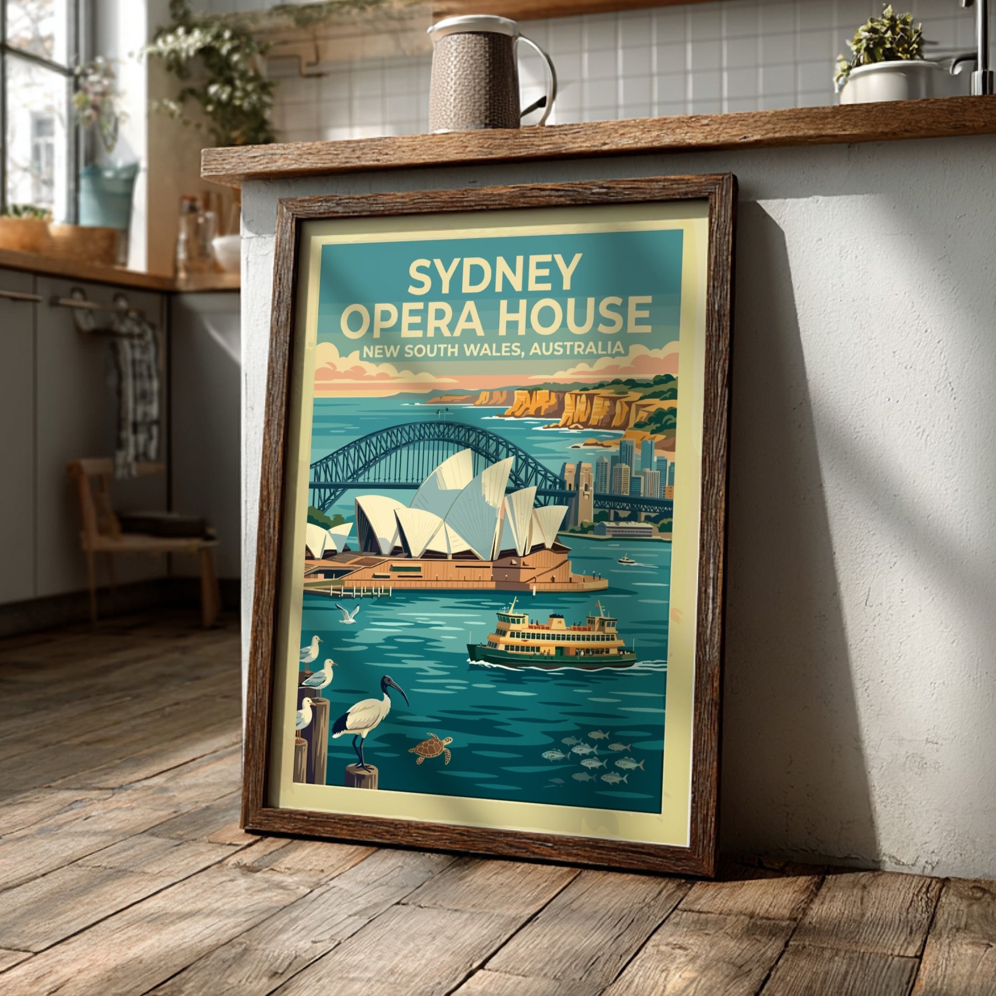 Sydney Opera House travel poster featuring the harbour bridge and wildlife in blue tones.