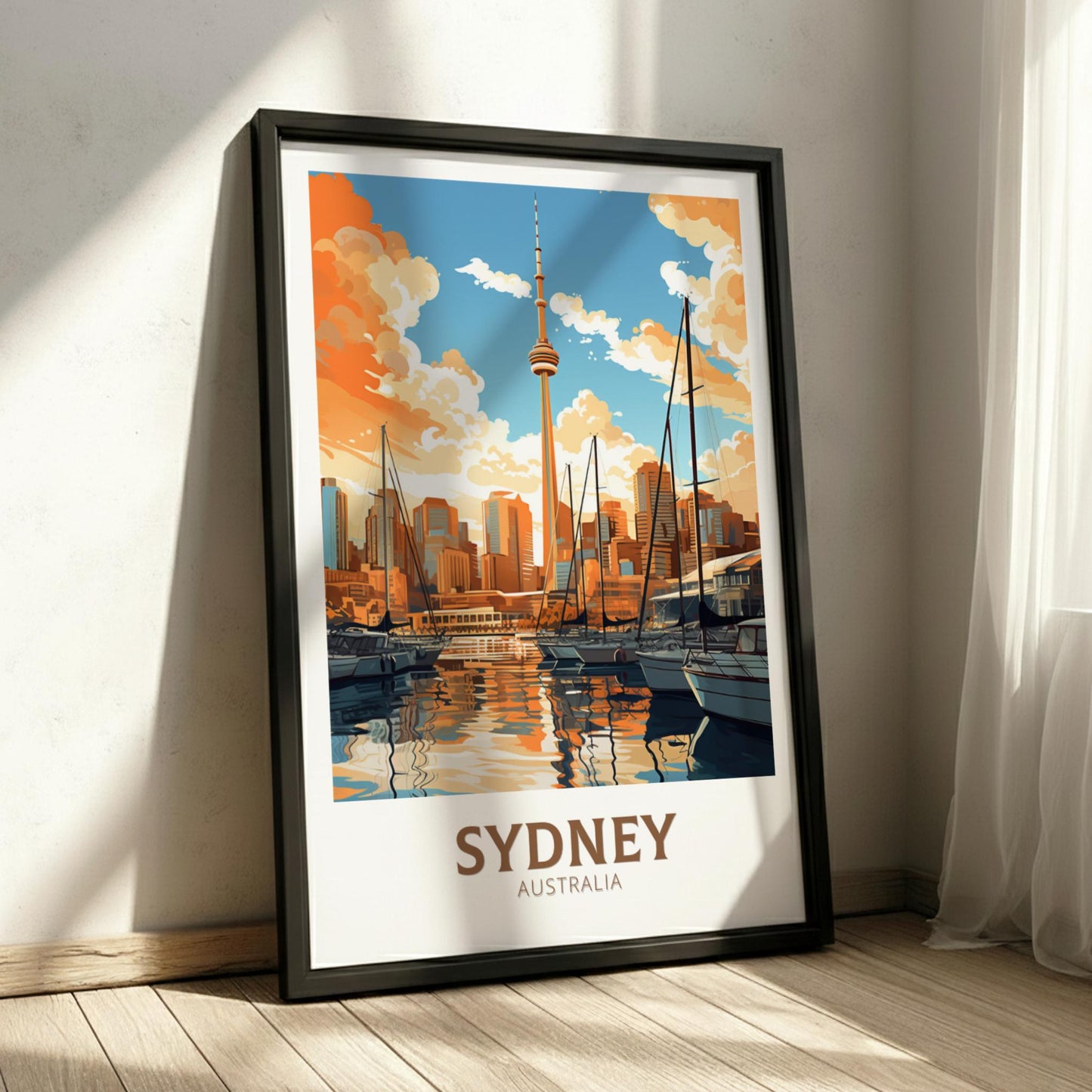 Framed artwork of Sydney, Australia with boats and skyline.