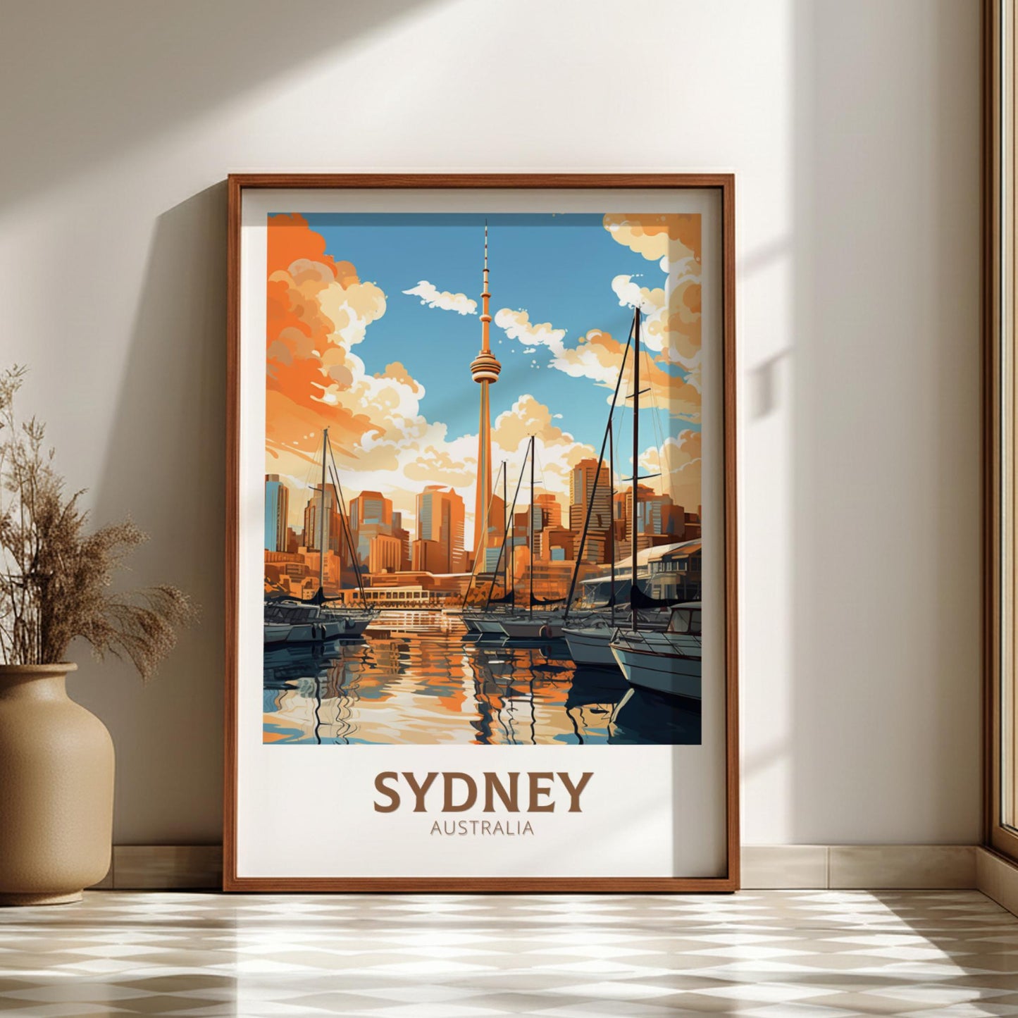 Framed poster of Sydney skyline with boats and cityscape.