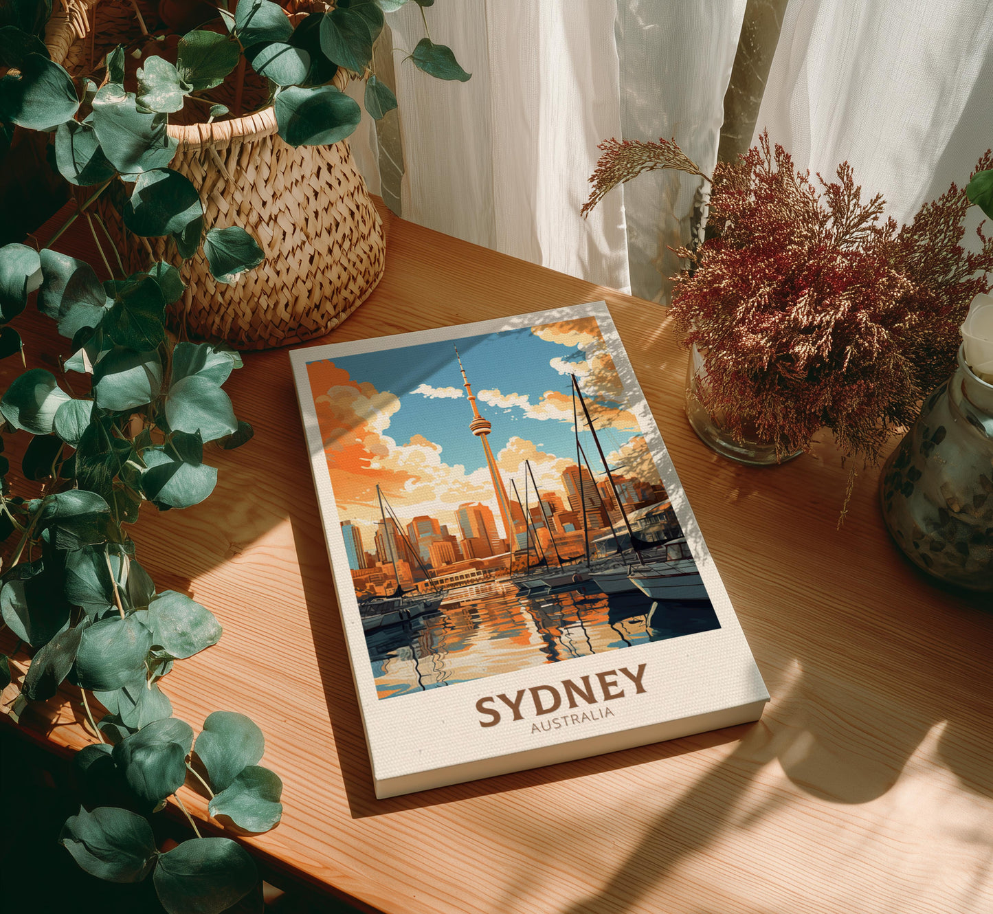 Canvas 'Sydney, Australia' on a wooden table with plants around