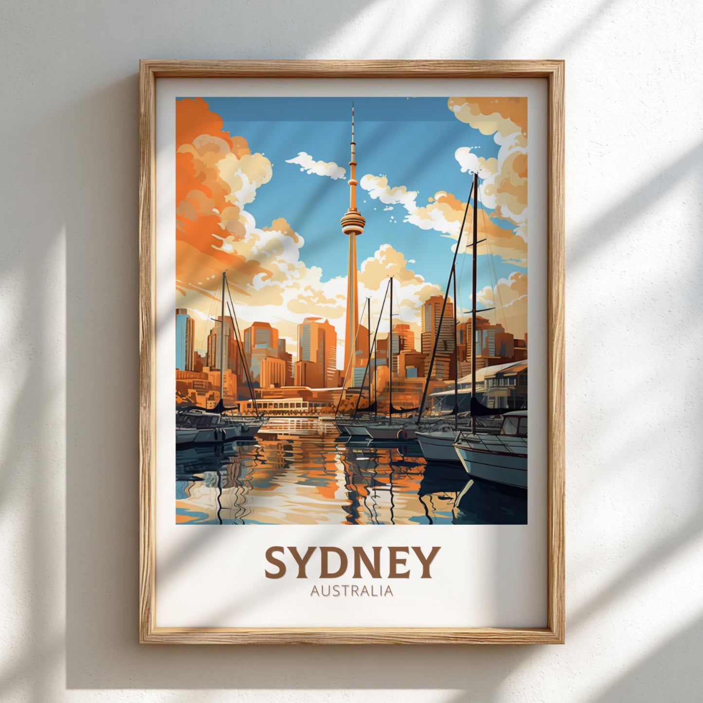 Framed artwork of Sydney, Australia with boats and skyline.