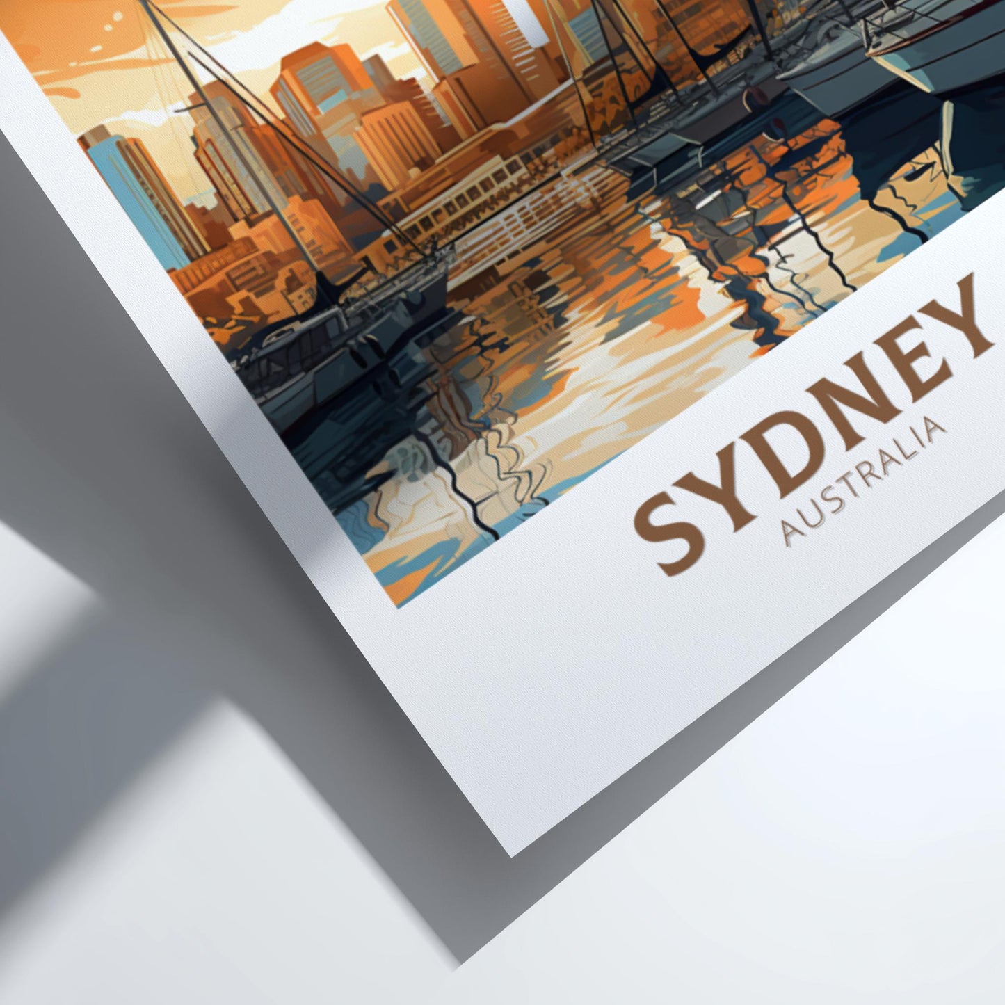 Framed artwork of Sydney, Australia with a cityscape and water reflection.