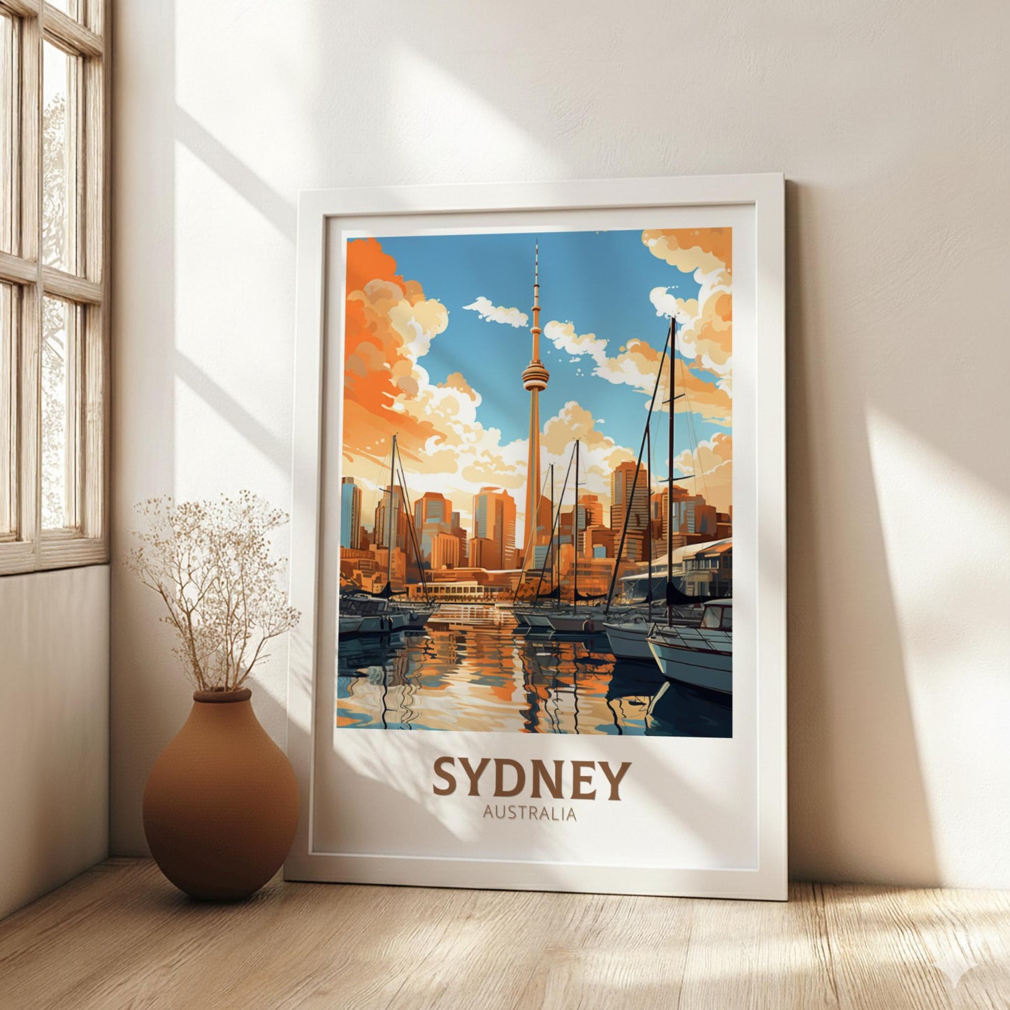 Framed artwork of Sydney, Australia with a cityscape and harbor scene.
