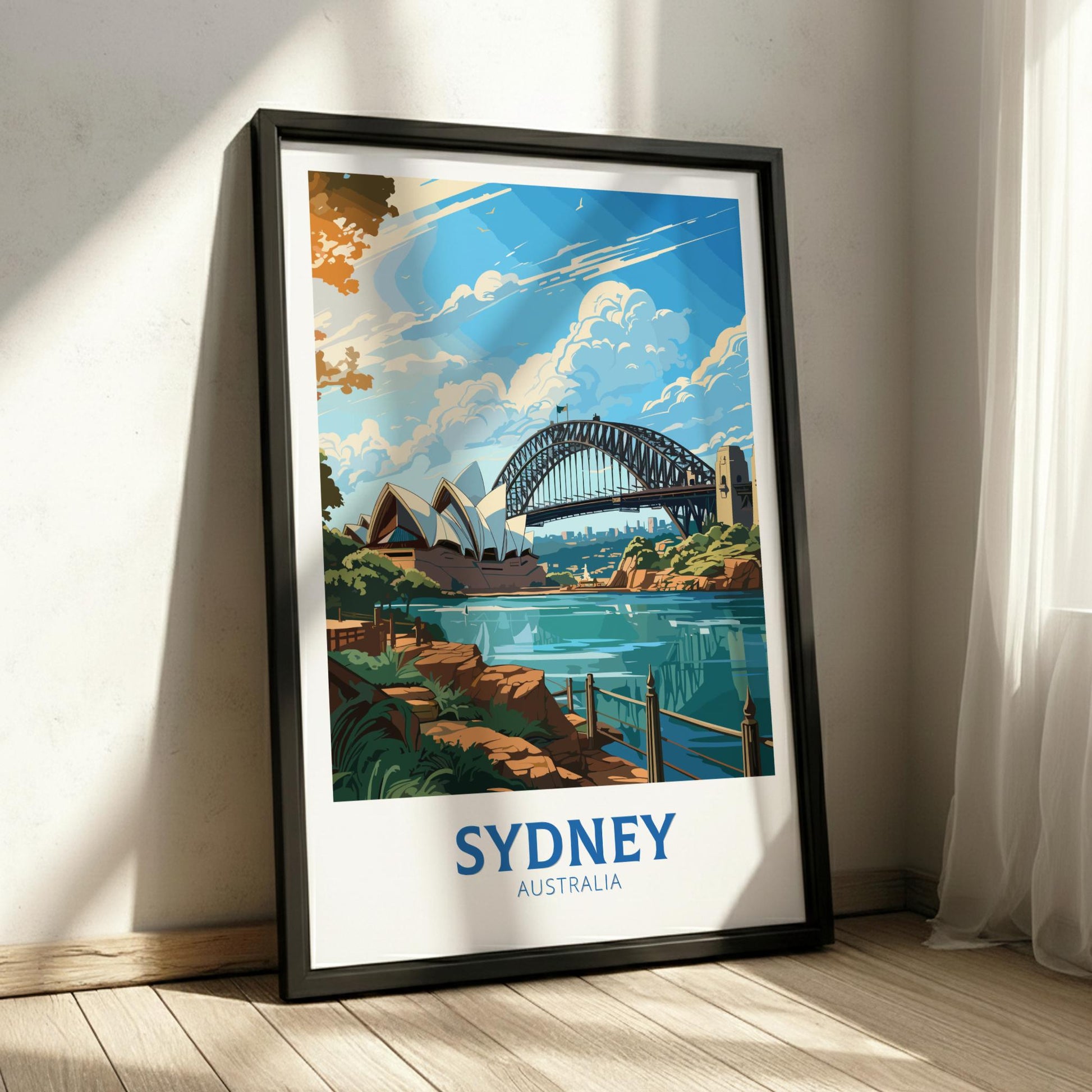 Framed poster of Sydney Harbour Bridge and Opera House on a wall.