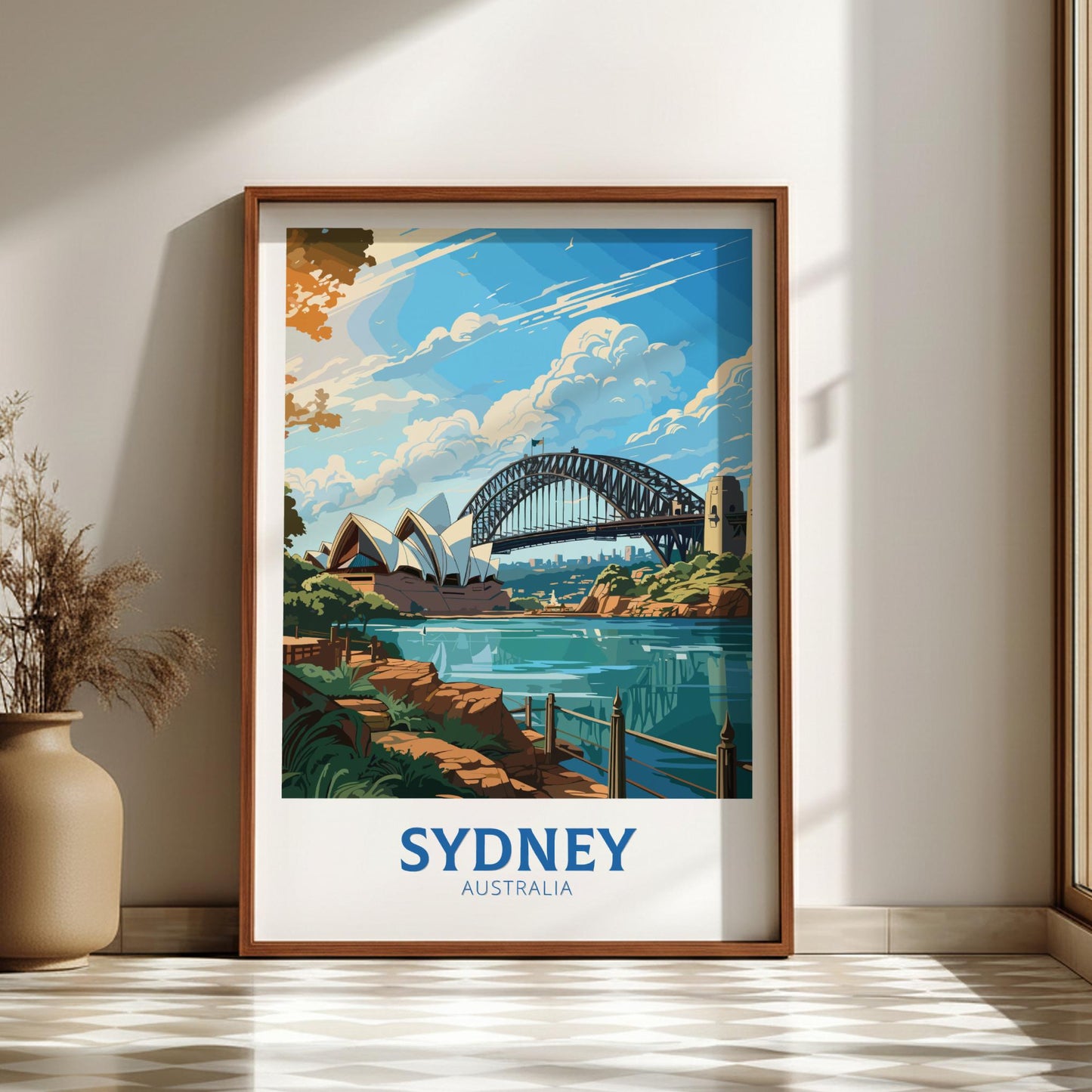 Framed artwork of Sydney Harbour Bridge and Opera House on a wall.