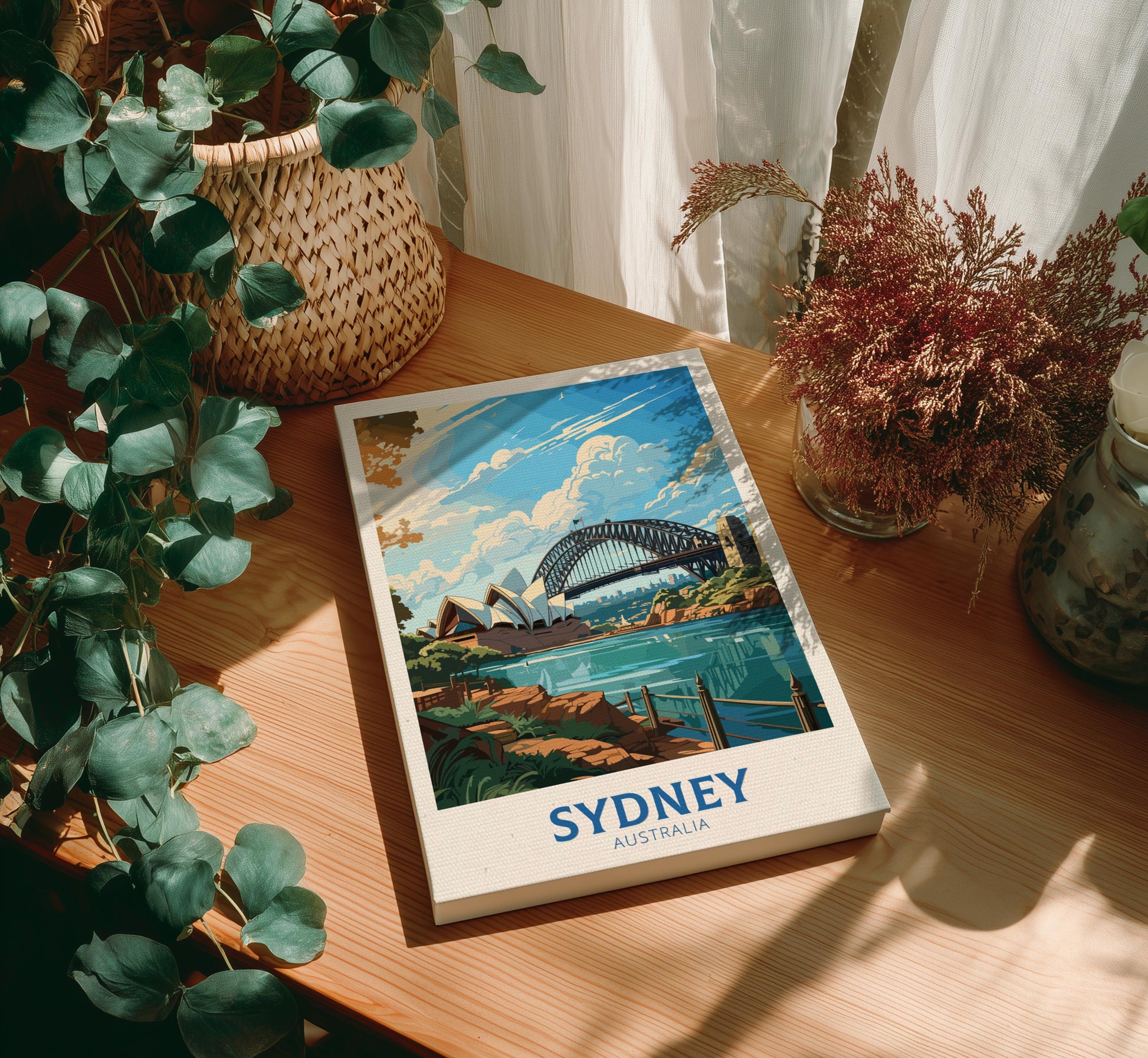 Canvas with a Sydney Harbour Bridge illustration on a wooden table with plants